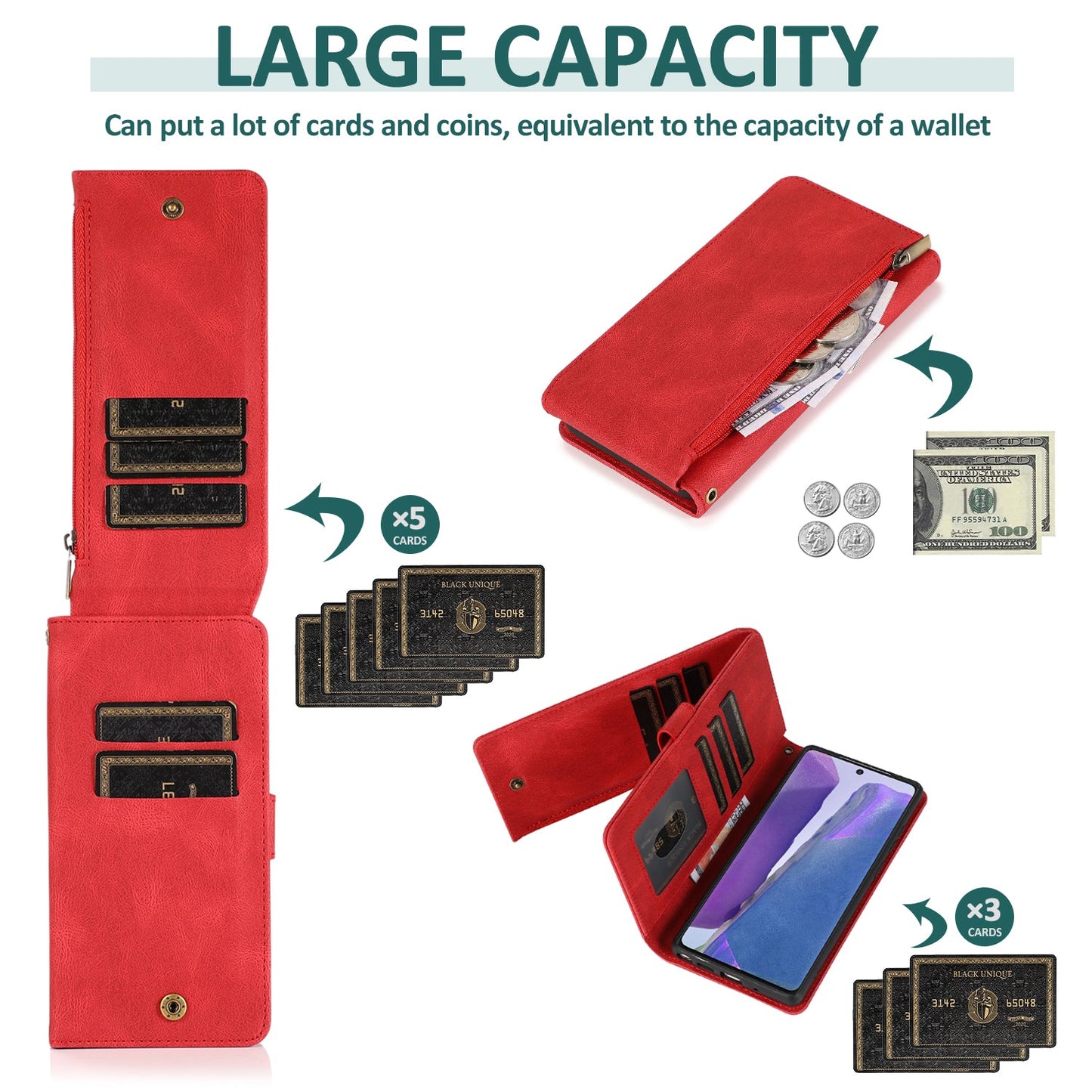 Étui en cuir de luxe avec fermeture éclair et emplacements pour cartes multiples pour Samsung Note20/Note20 5G