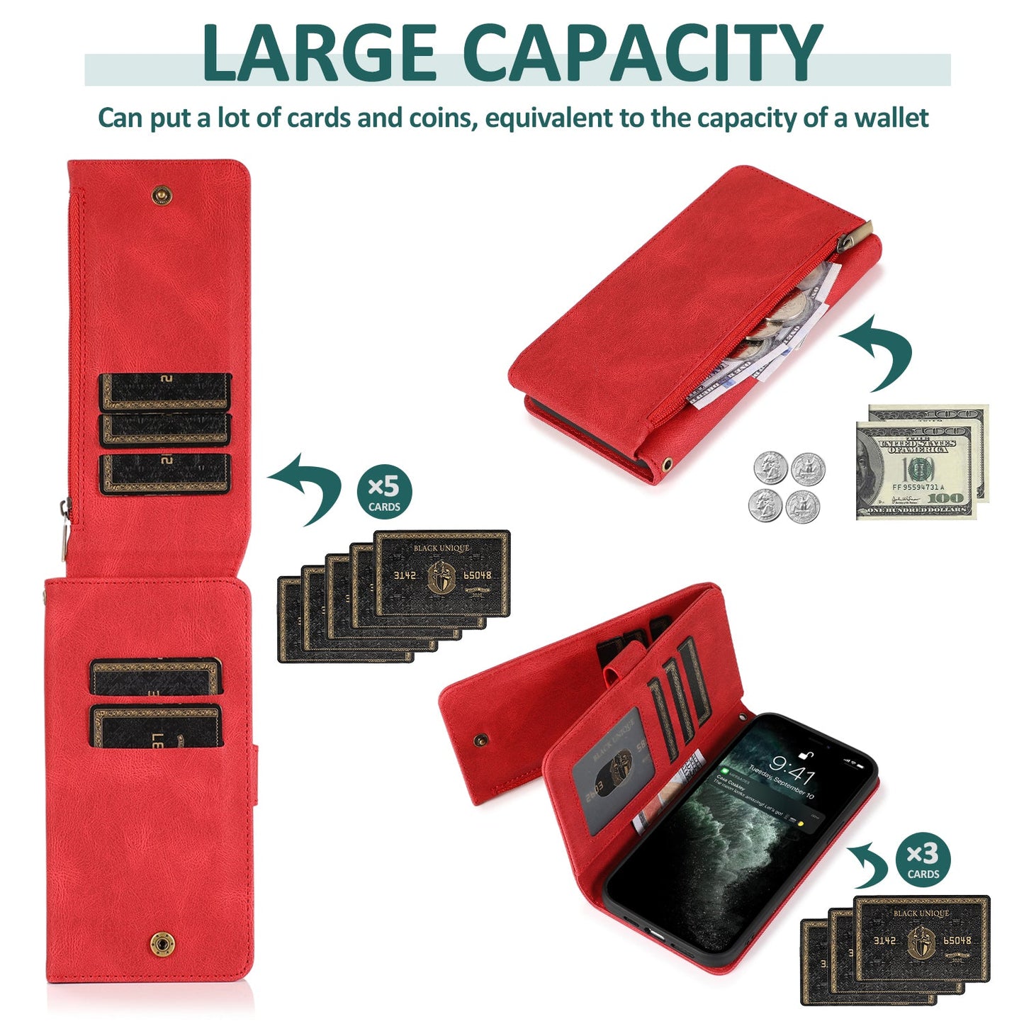 Étui en Cuir à Fermeture Éclair Multi-cartes Sensation Luxueuse pour iPhone 12 et 11 Series