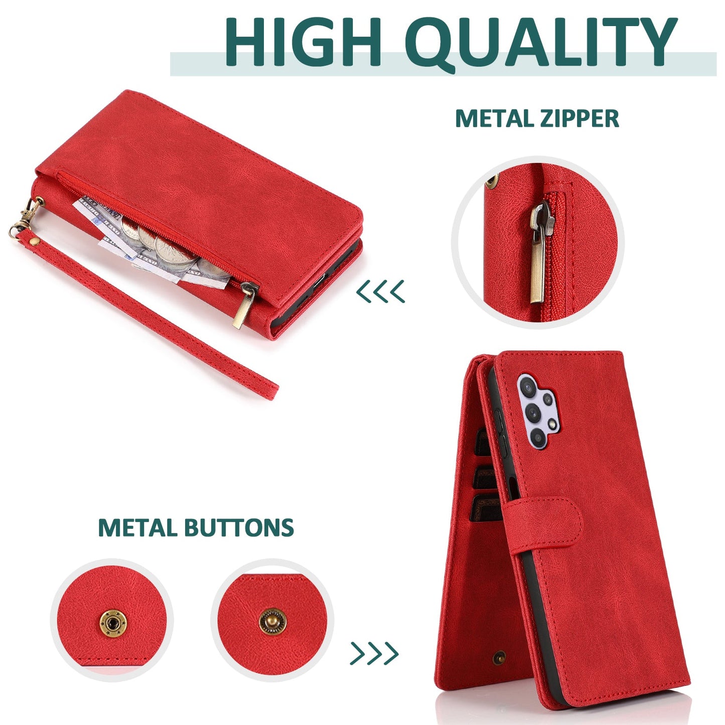 Luxury Skin Feel Multi-card Zipper Leather Case For Samsung A32