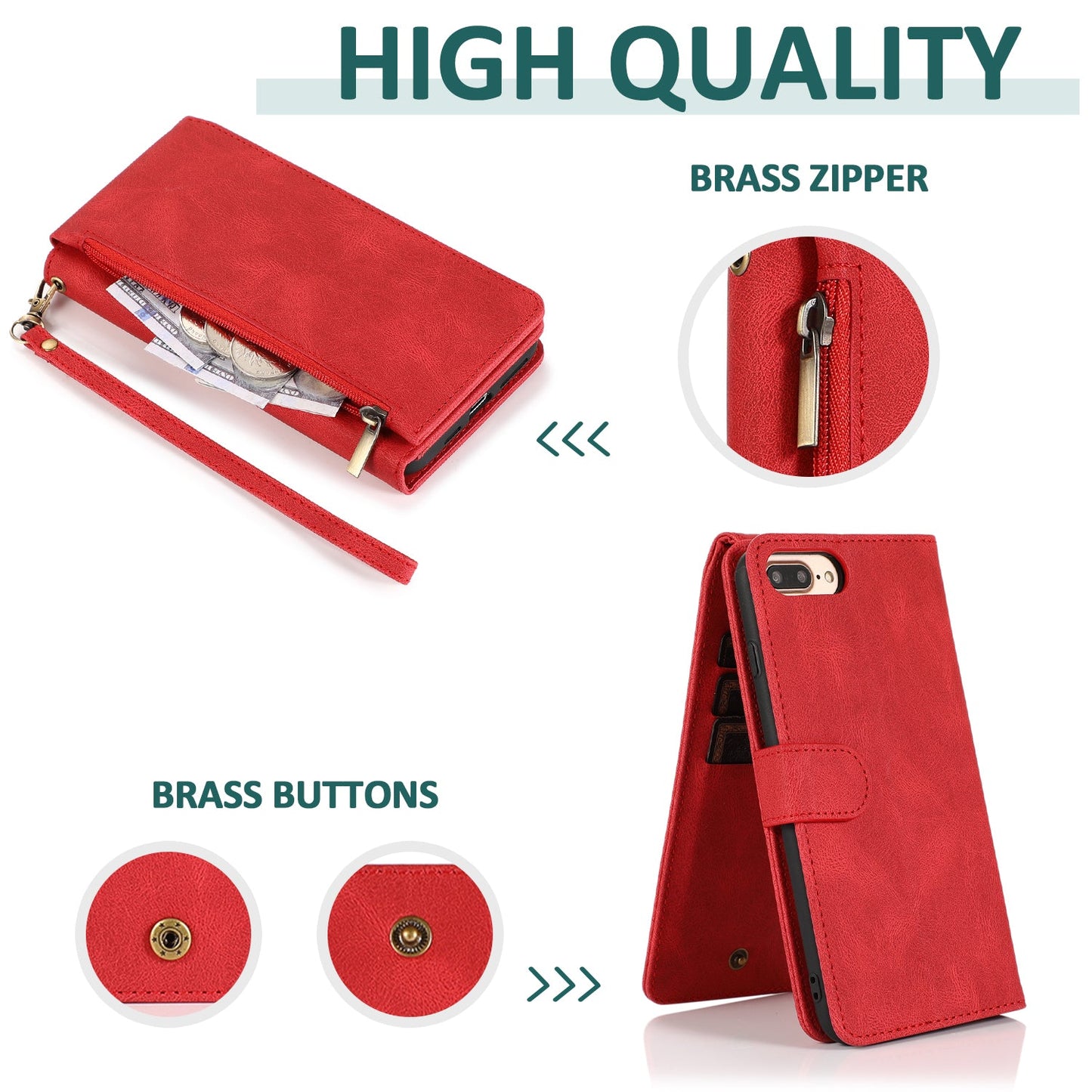 Étui en cuir de luxe avec fermeture éclair et emplacements pour cartes multiples pour iPhone 7 Plus/8 Plus