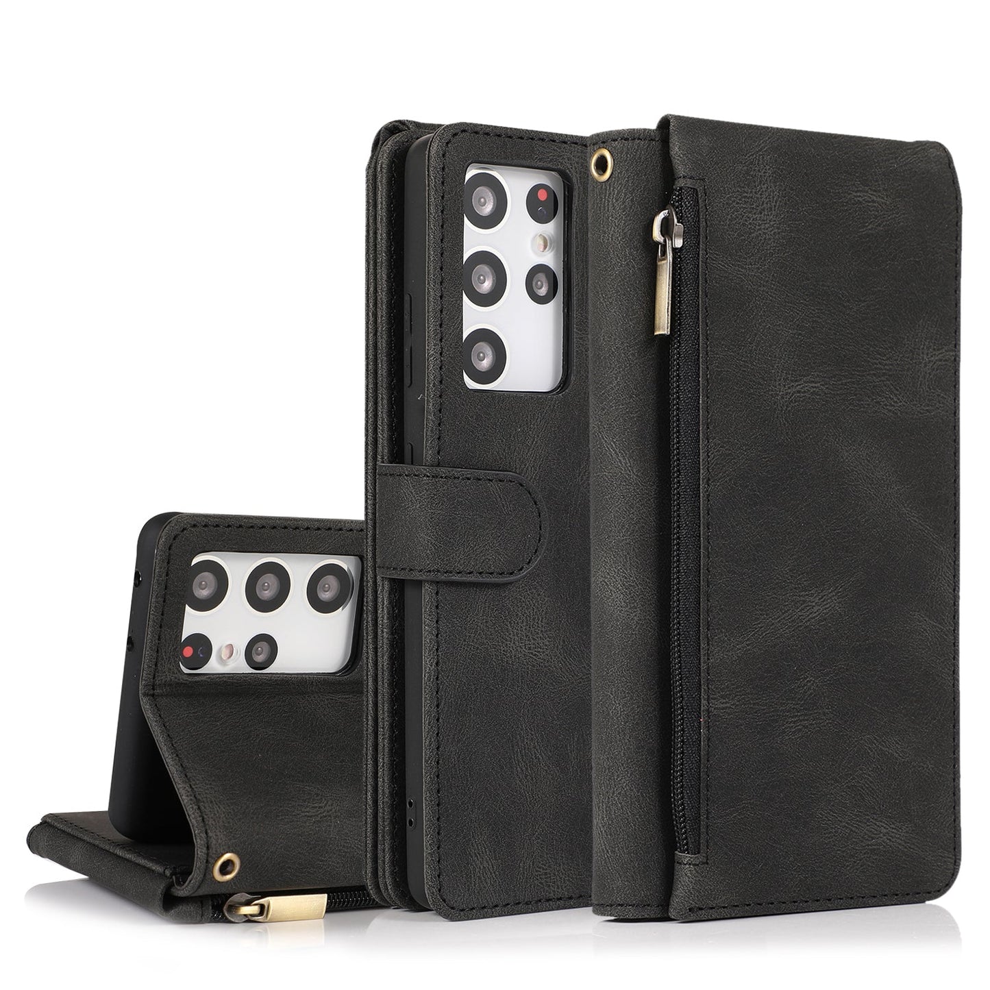 Étui en cuir de luxe avec fermeture éclair et multiples rangements pour cartes pour Samsung S21 Ultra