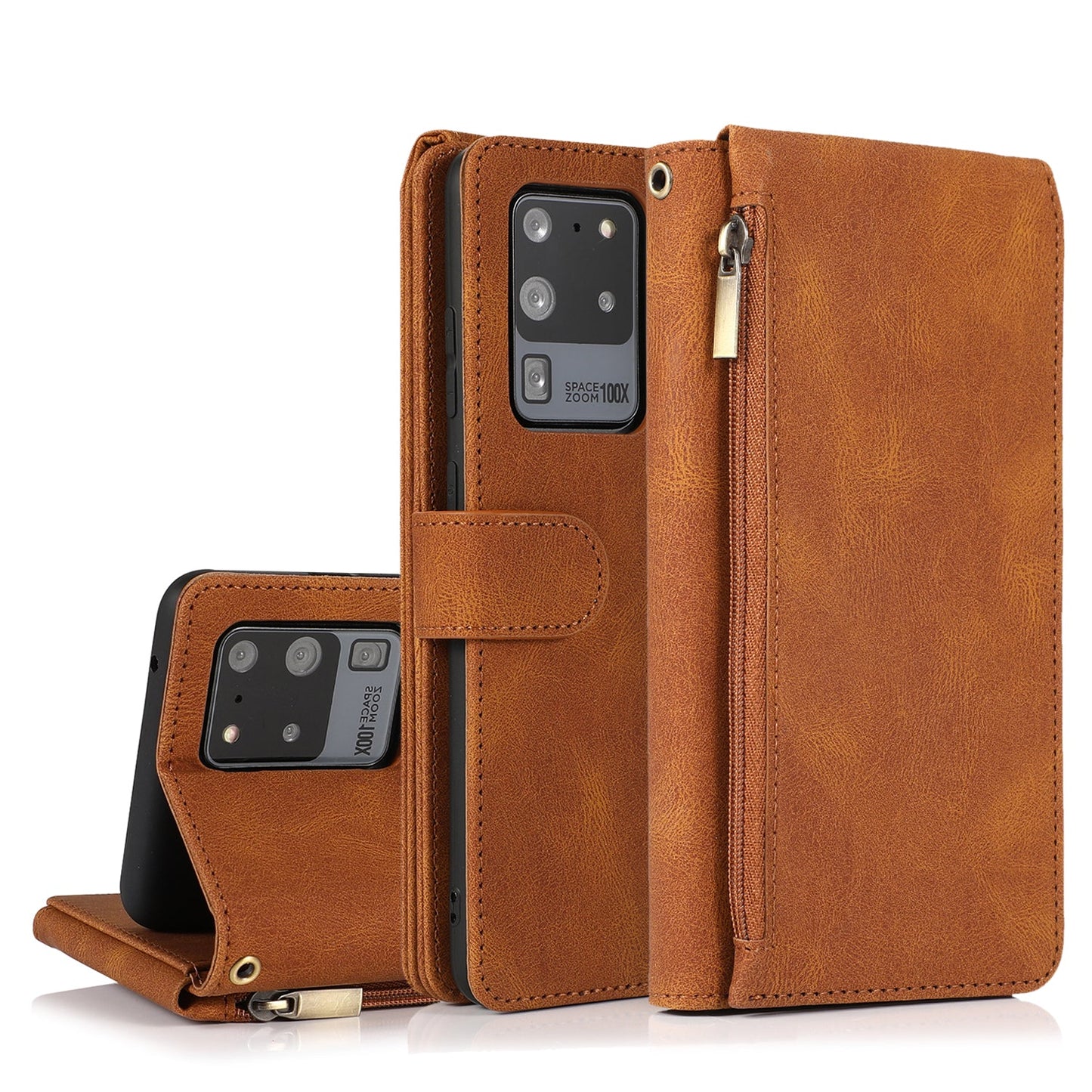 Étui en cuir de luxe avec fermeture éclair et emplacements multiples pour Samsung S20 Ultra