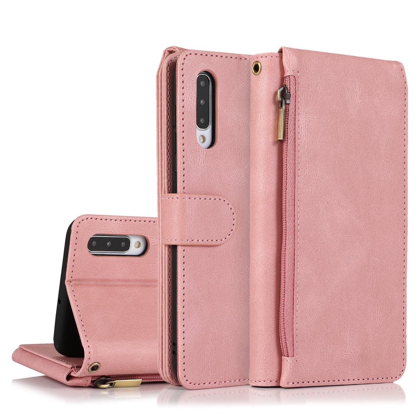 Étui en cuir de luxe à fermeture éclair multi-cartes pour Samsung A70