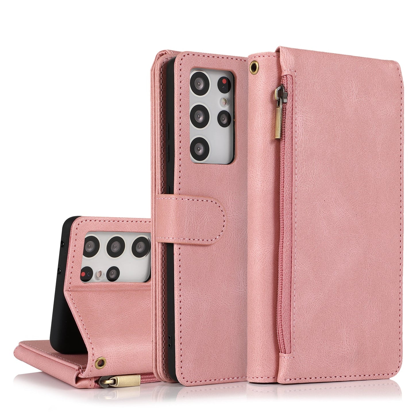 Étui en cuir de luxe avec fermeture éclair et multiples rangements pour cartes pour Samsung S21 Ultra