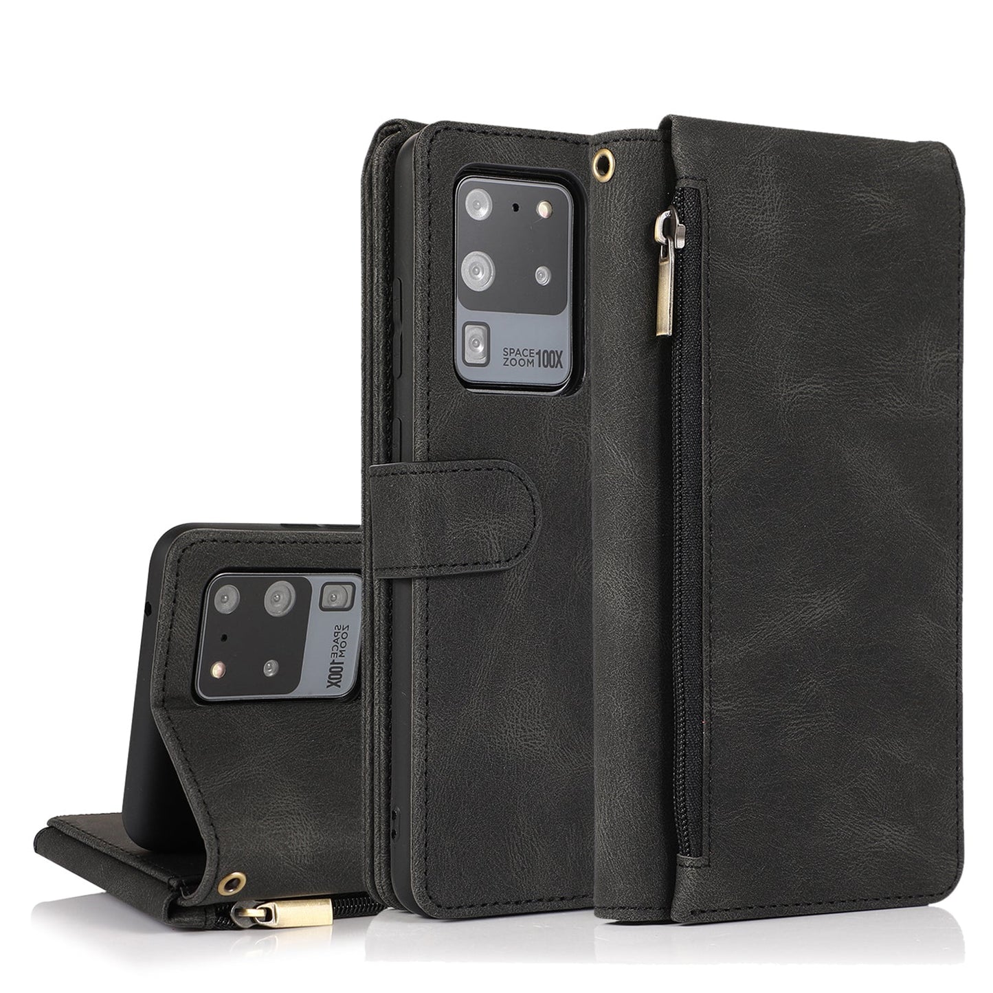 Étui en cuir de luxe avec fermeture éclair et emplacements multiples pour Samsung S20 Ultra