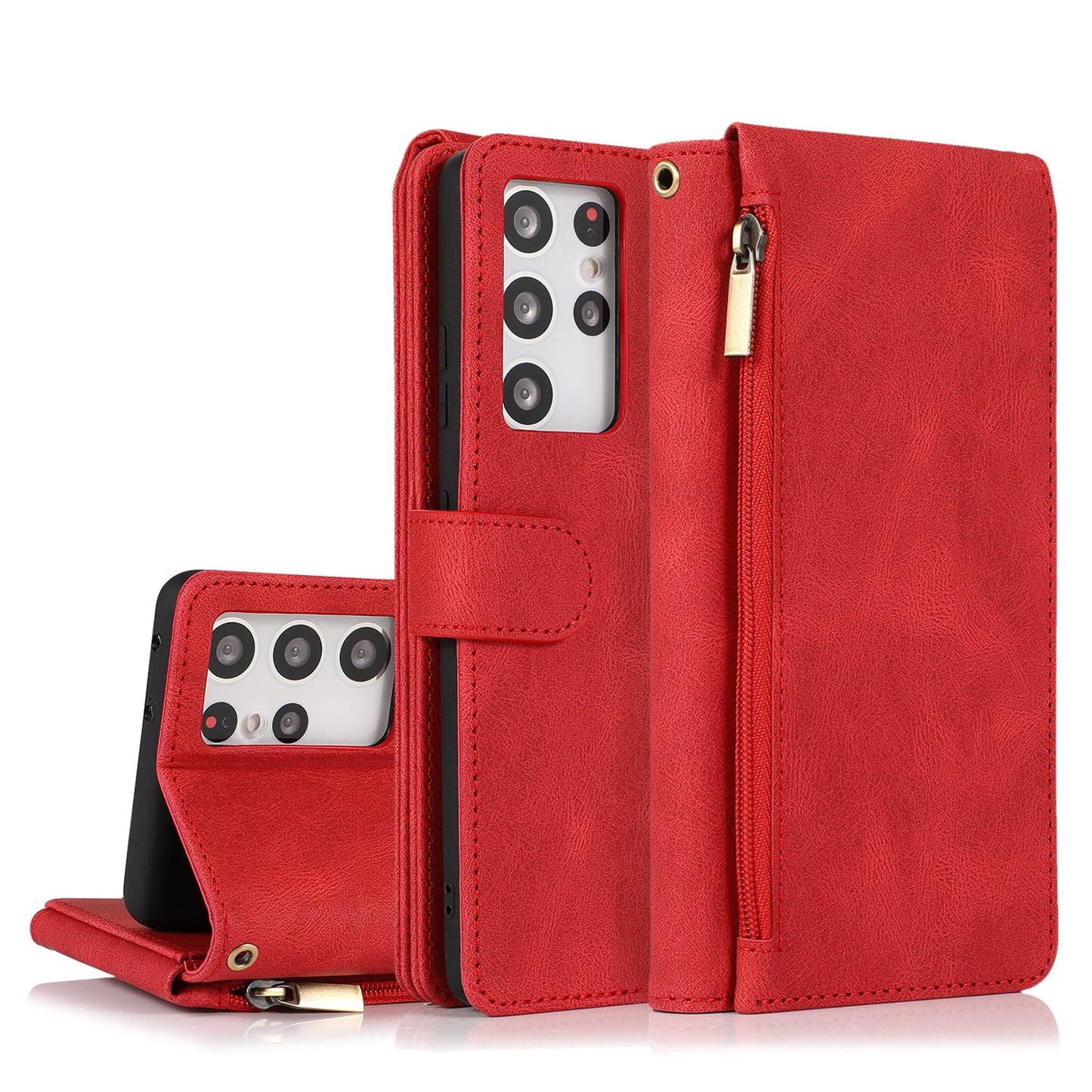 Étui en cuir de luxe avec fermeture éclair et multiples rangements pour cartes pour Samsung S21 Ultra