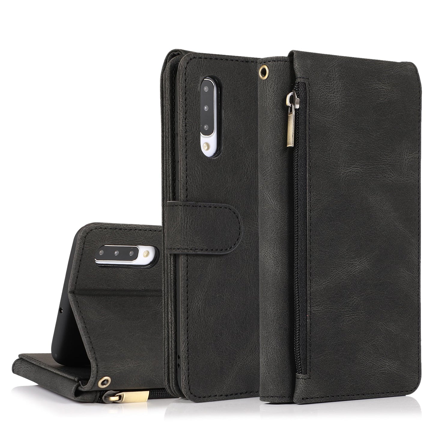Étui en cuir de luxe à fermeture éclair multi-cartes pour Samsung A50