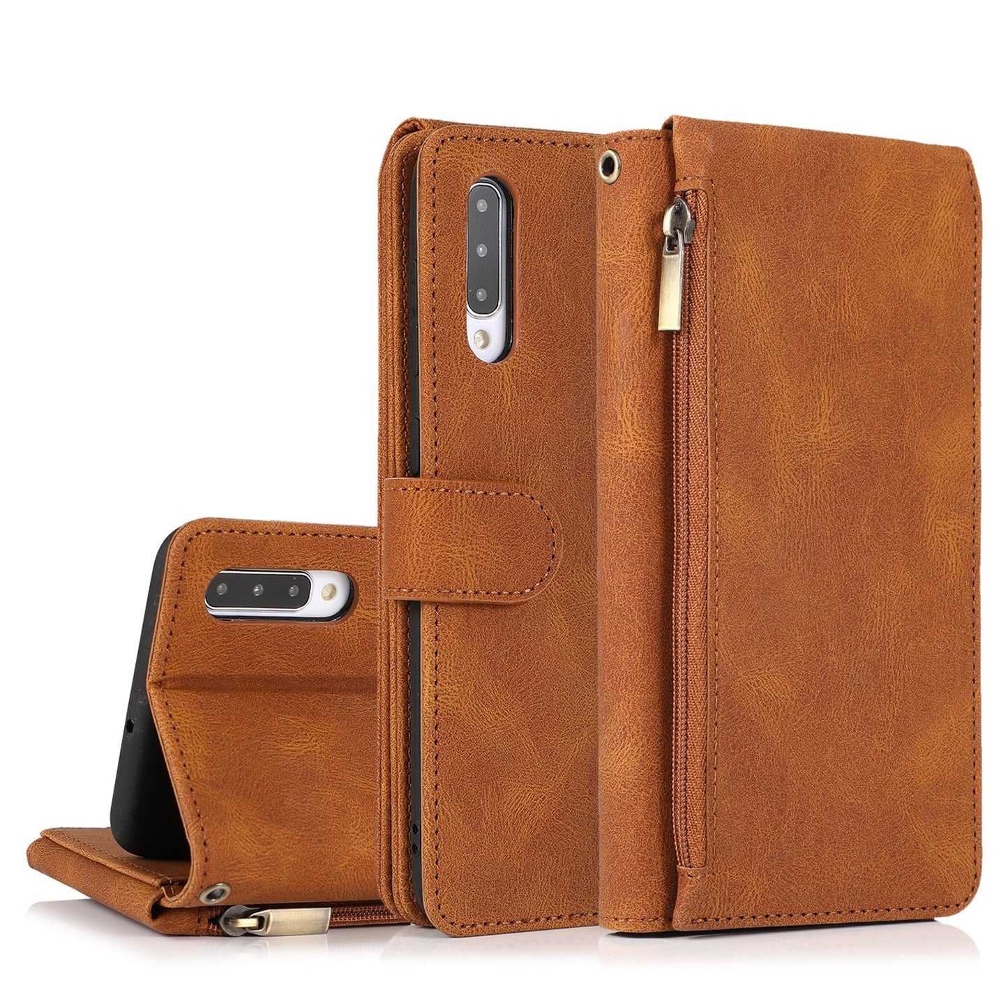 Étui en cuir de luxe à fermeture éclair multi-cartes pour Samsung A50