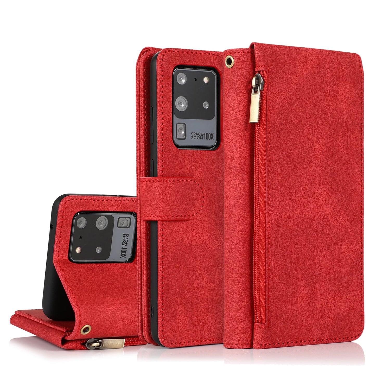 Étui en cuir de luxe avec fermeture éclair et emplacements multiples pour Samsung S20 Ultra