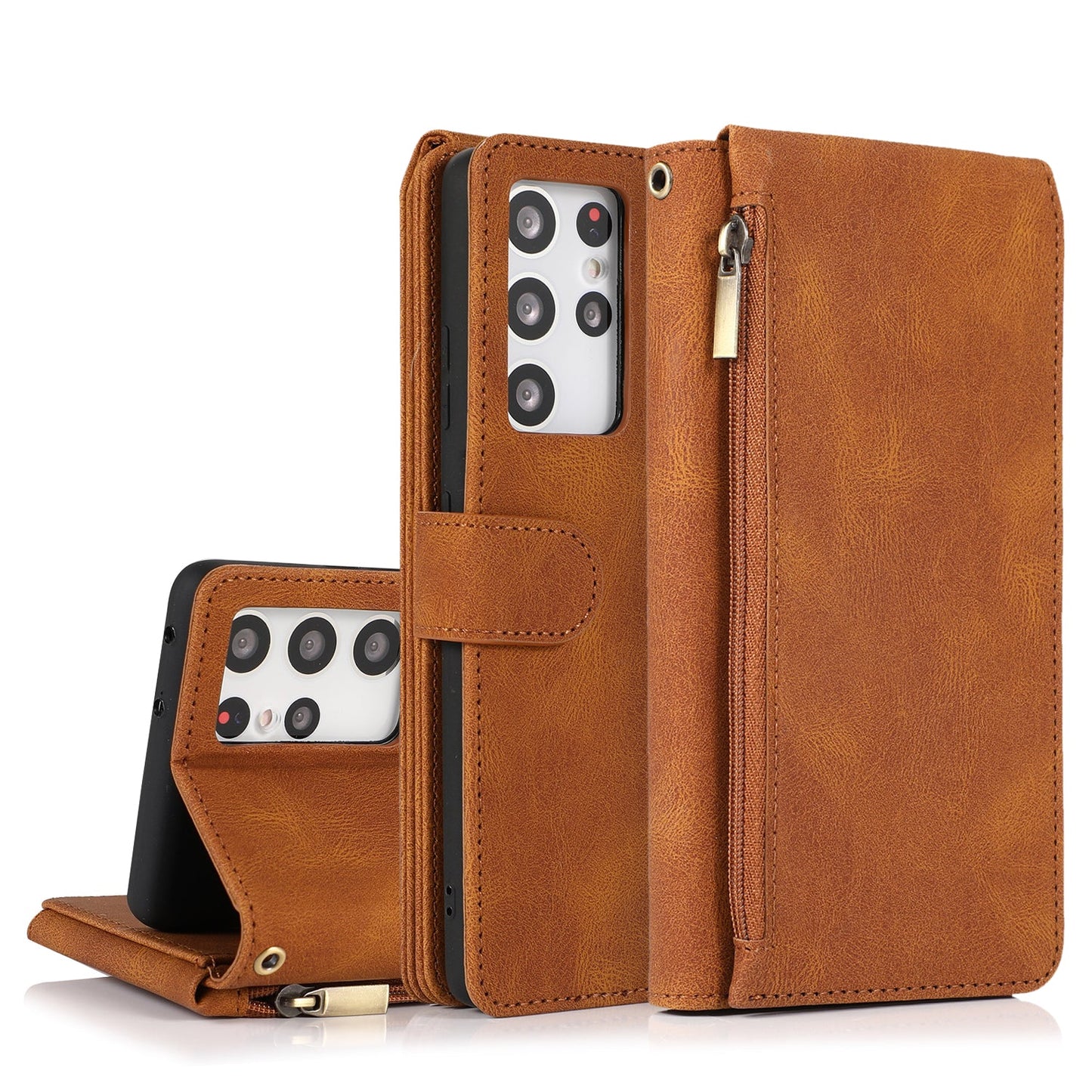 Étui en cuir de luxe avec fermeture éclair et multiples rangements pour cartes pour Samsung S21 Ultra