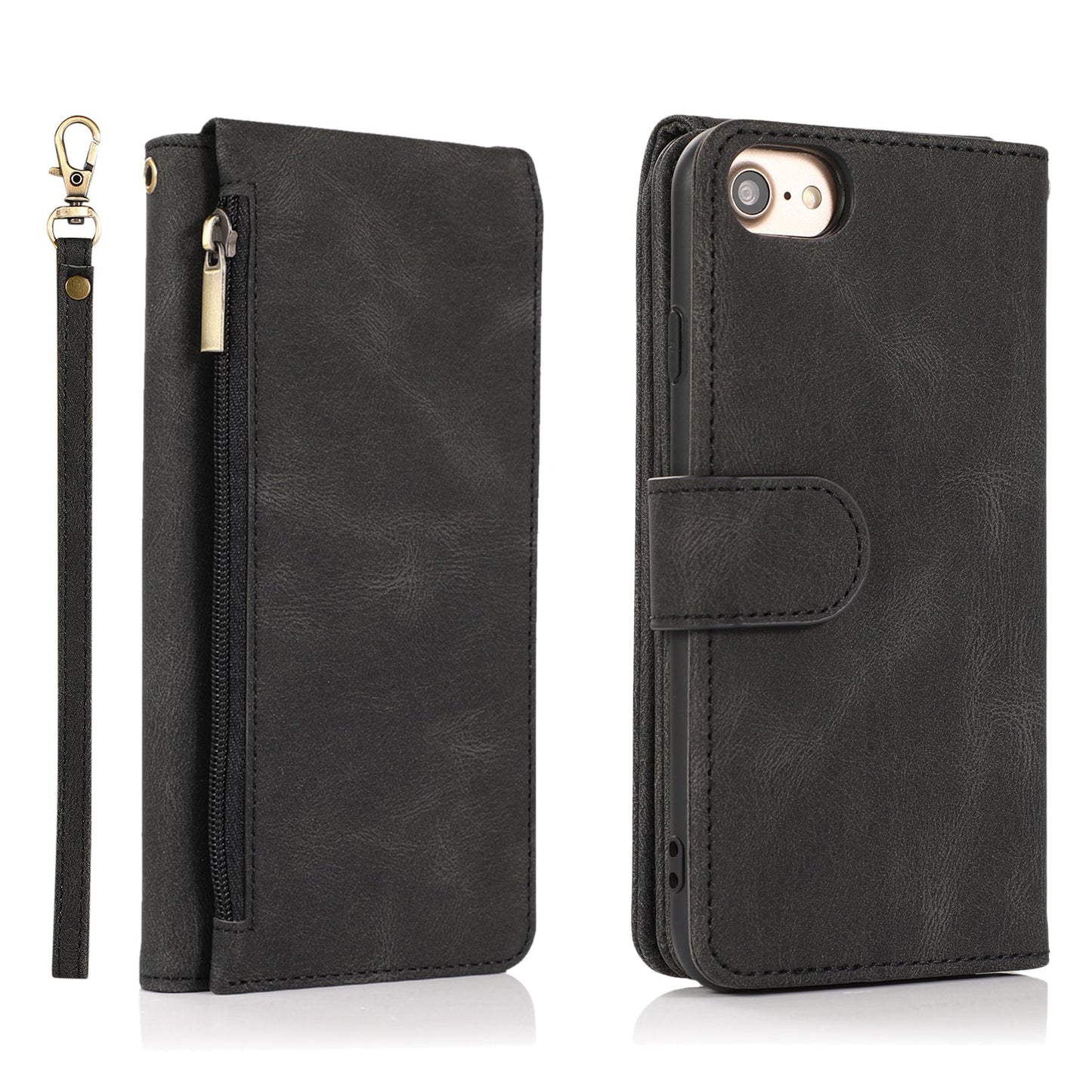 Luxury Skin Feel Multi-card Zipper Leather Case For iPhone SE 2020
