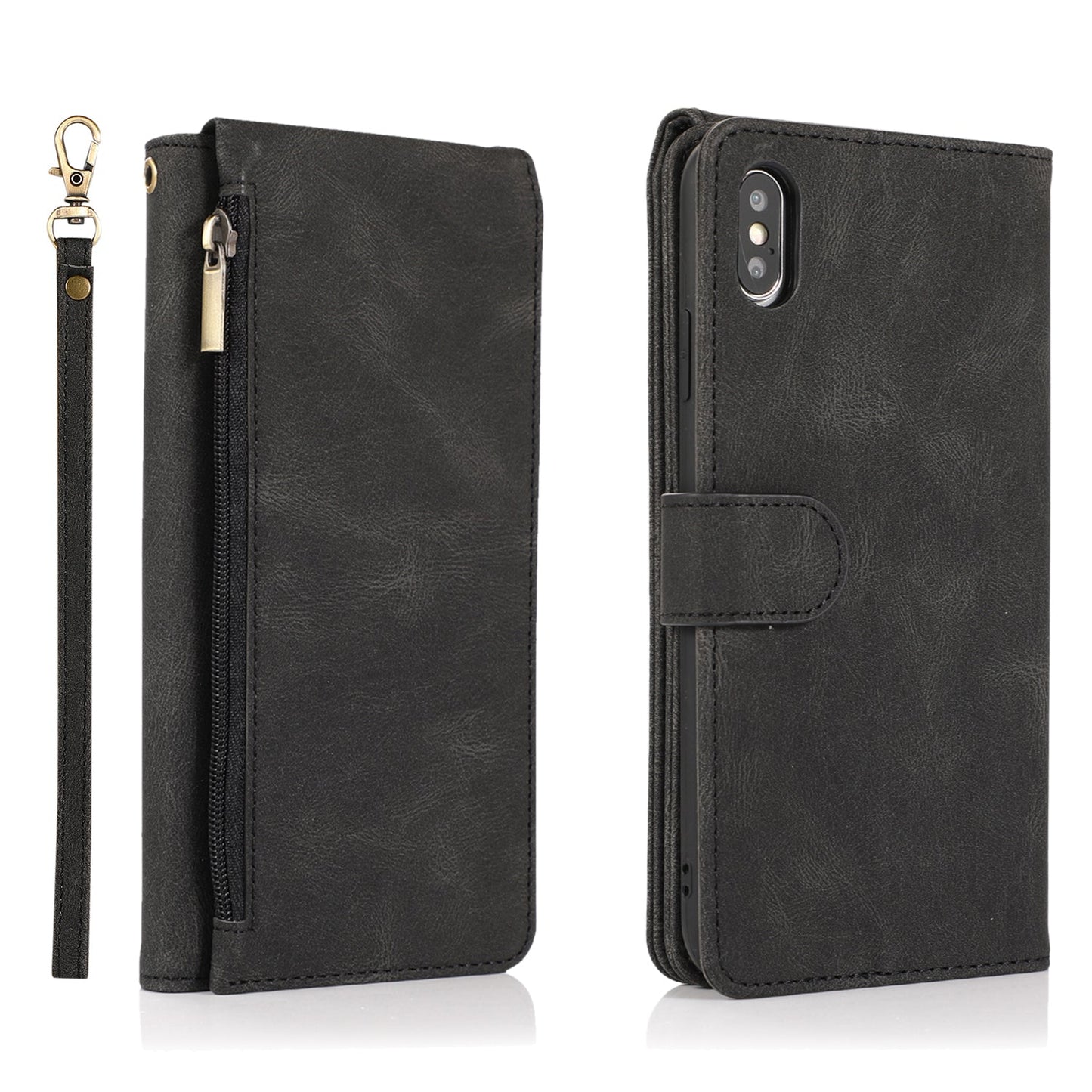 Luxury Skin Feel Multi-card Zipper Leather Case For iPhone X/XS