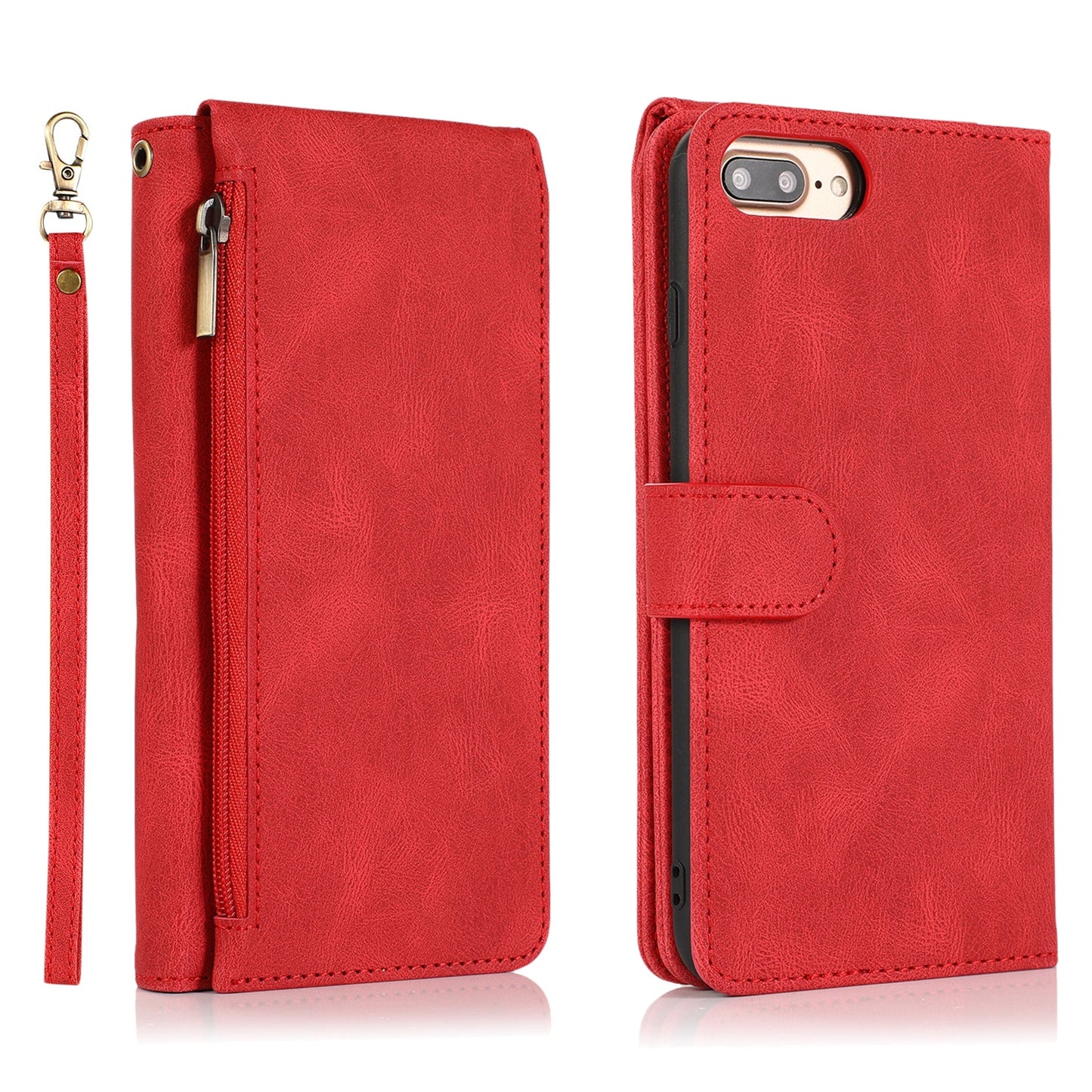 Étui en cuir de luxe avec fermeture éclair et emplacements pour cartes multiples pour iPhone 7 Plus/8 Plus