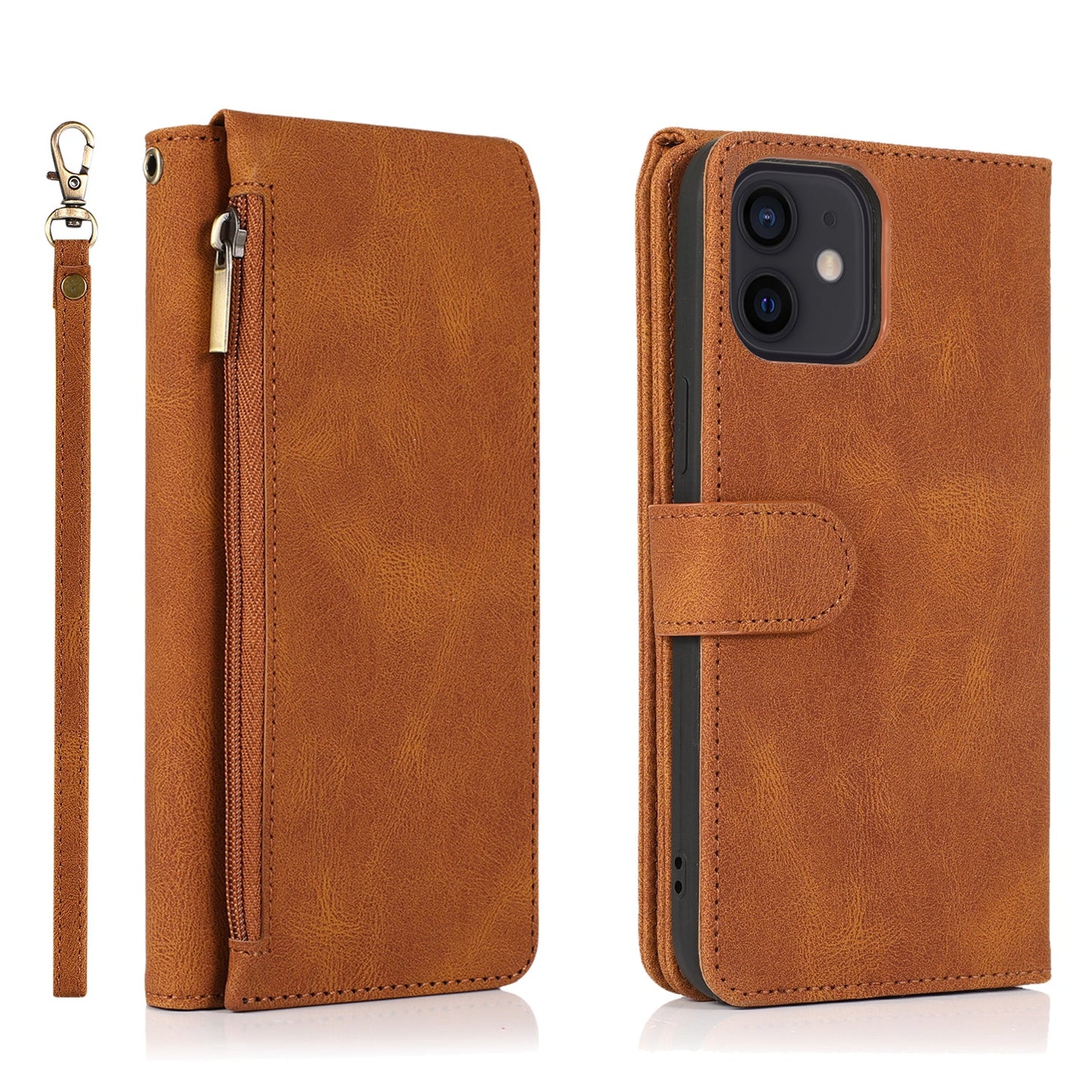 Étui en Cuir à Fermeture Éclair Multi-cartes Sensation Luxueuse pour iPhone 12 et 11 Series