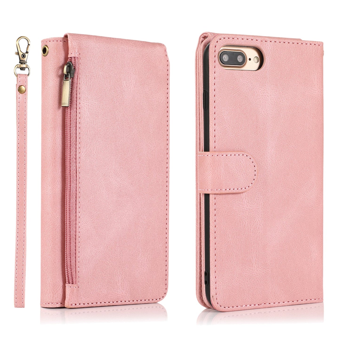 Étui en cuir de luxe avec fermeture éclair et emplacements pour cartes multiples pour iPhone 7 Plus/8 Plus