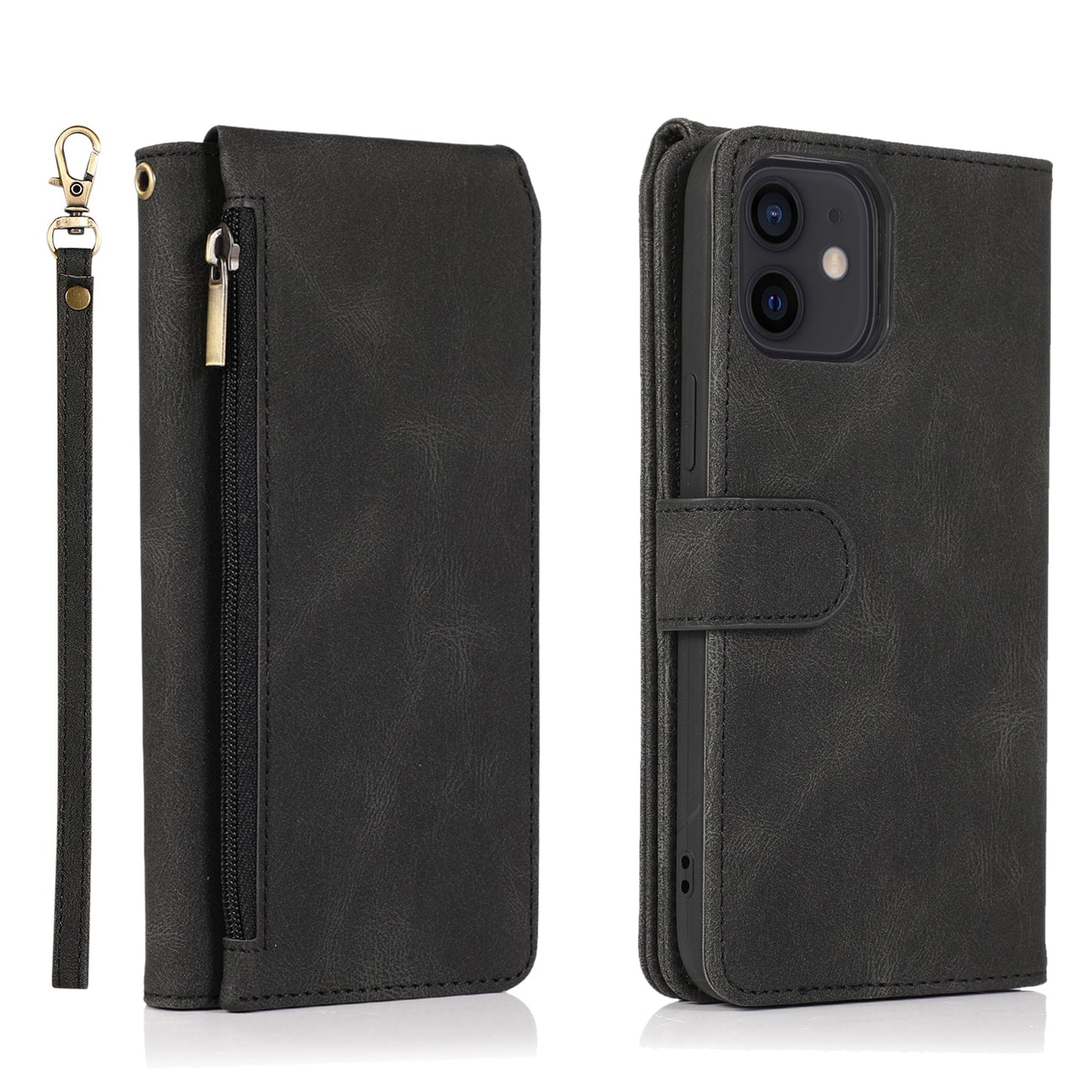 Étui en Cuir à Fermeture Éclair Multi-cartes Sensation Luxueuse pour iPhone 12 et 11 Series