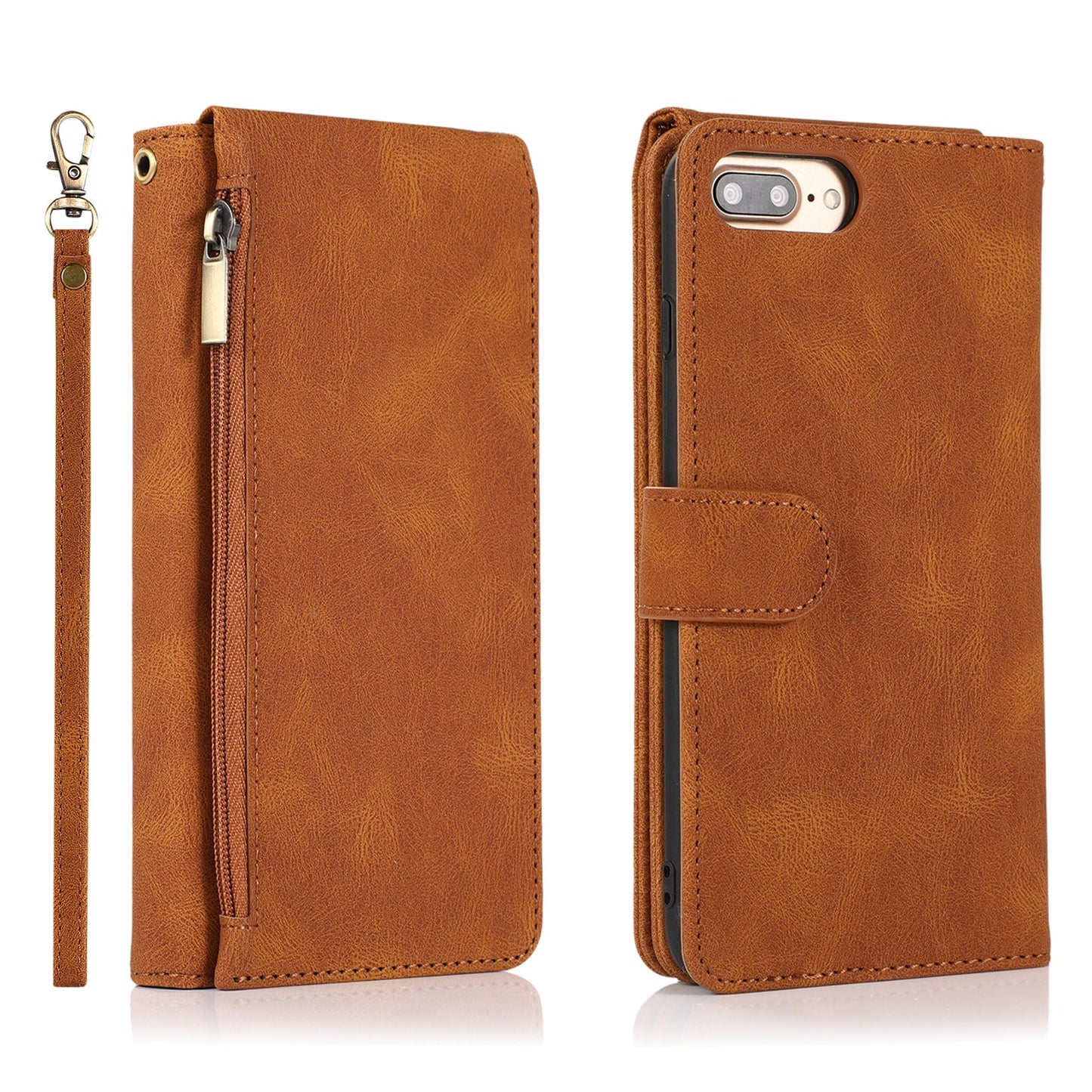 Étui en cuir de luxe avec fermeture éclair et emplacements pour cartes multiples pour iPhone 7 Plus/8 Plus