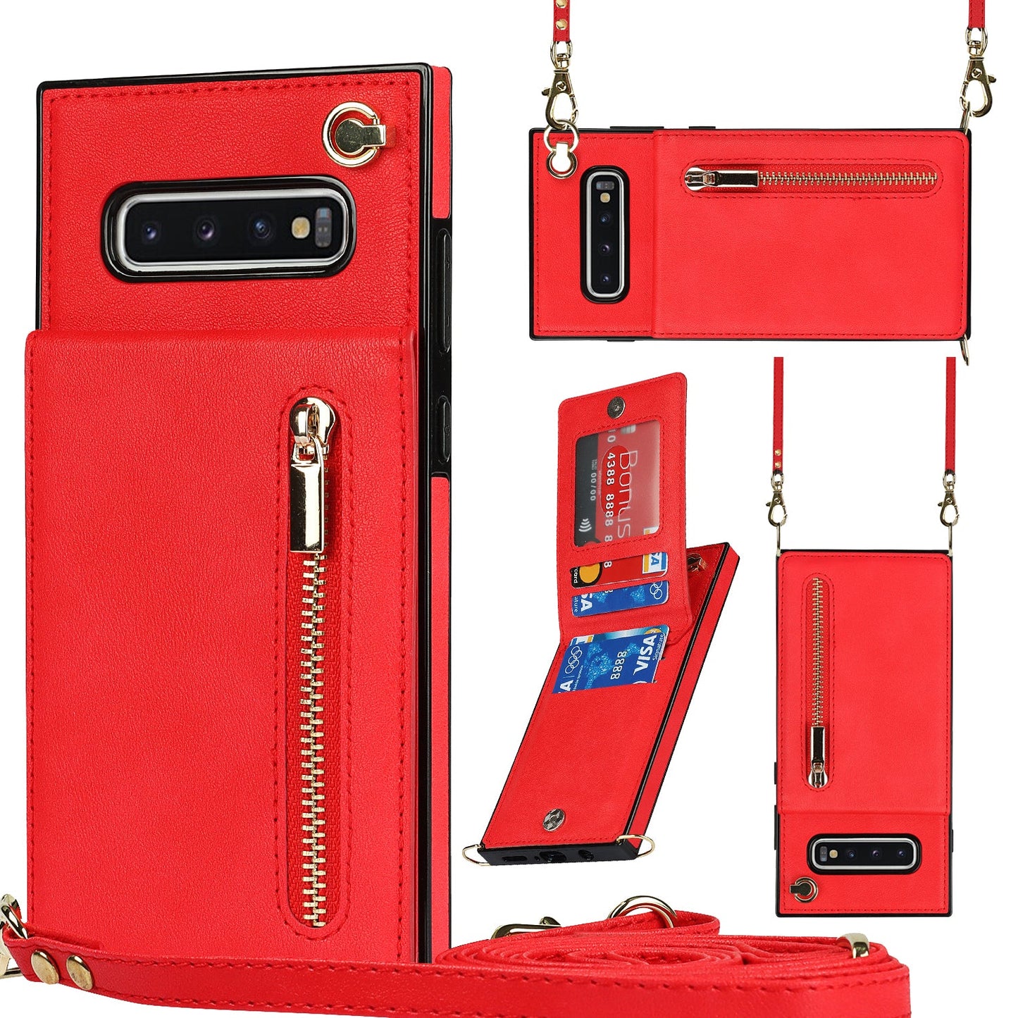 Nouvel étui de téléphone portefeuille à fermeture éclair bandoulière pour Samsung S10