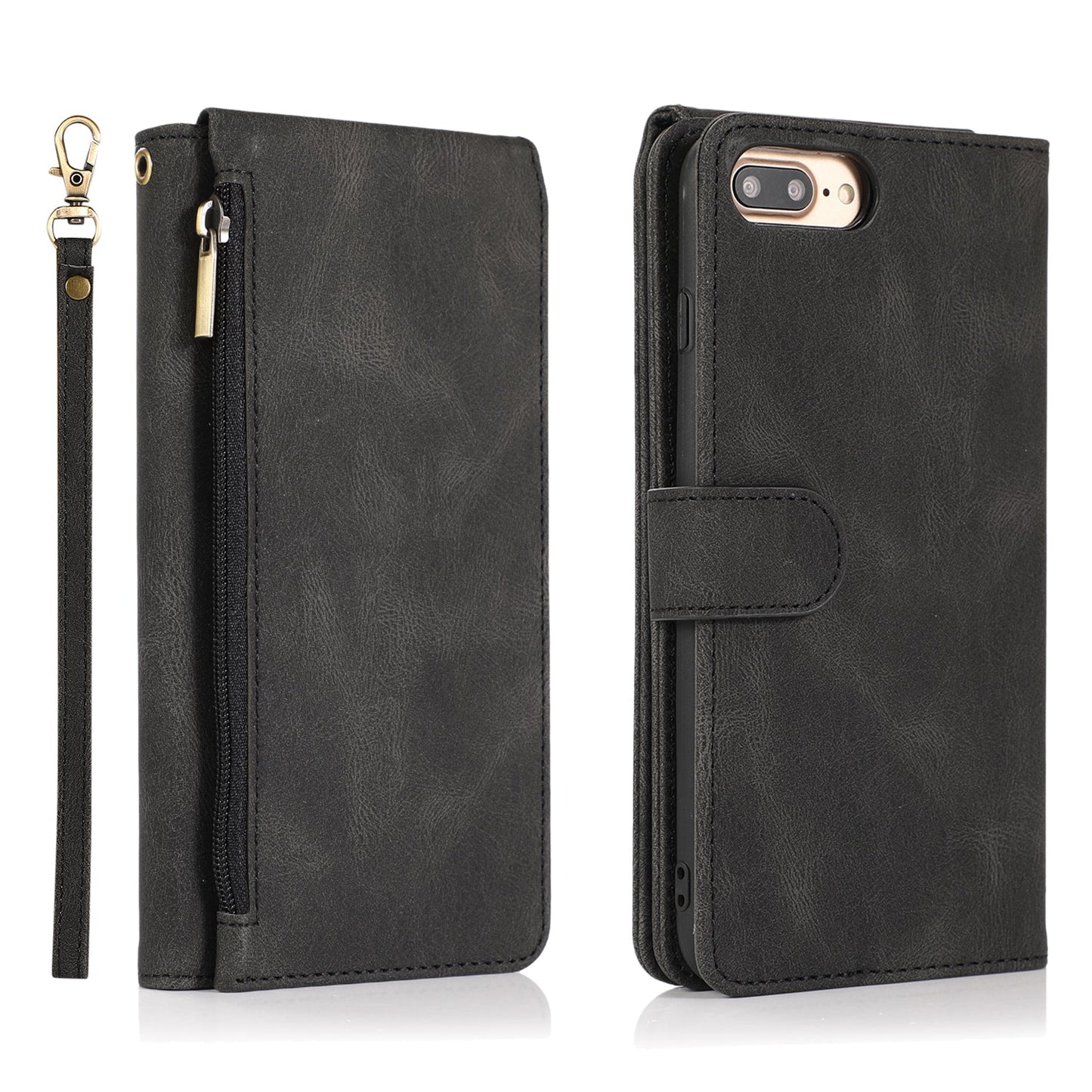 Étui en cuir de luxe avec fermeture éclair et emplacements pour cartes multiples pour iPhone 7 Plus/8 Plus