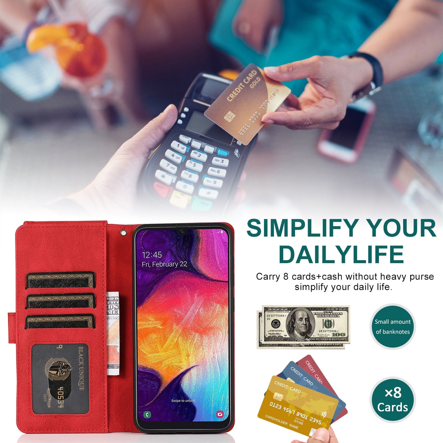 Étui en cuir de luxe à fermeture éclair multi-cartes pour Samsung A50