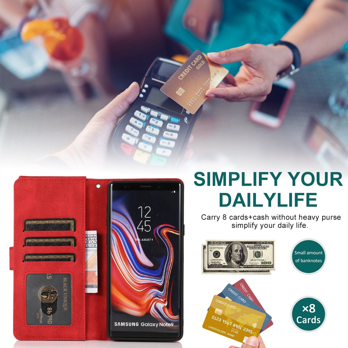 Étui en cuir de luxe multi-cartes à fermeture éclair pour Samsung Note9