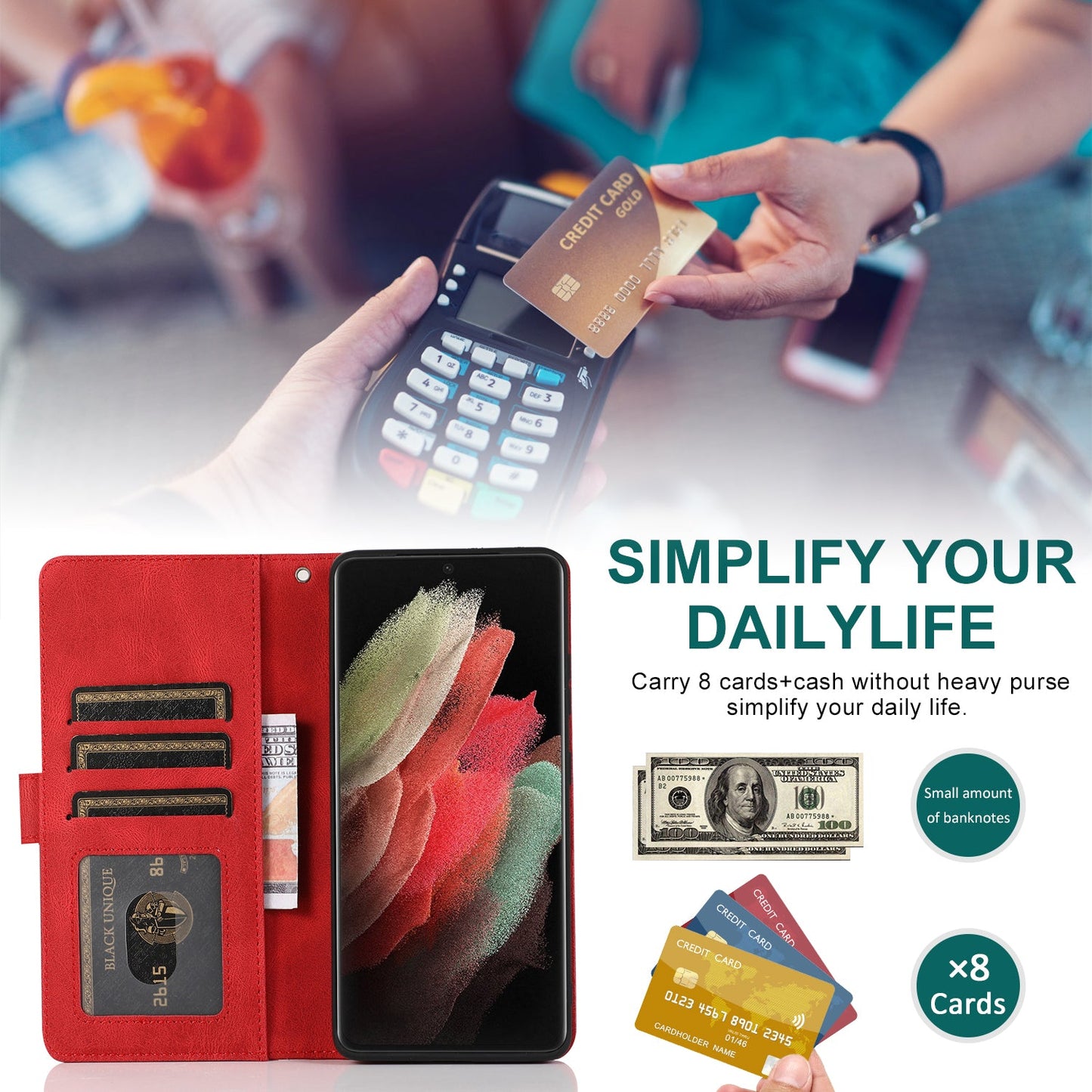 Étui en cuir de luxe avec fermeture éclair et multiples rangements pour cartes pour Samsung S21 Ultra