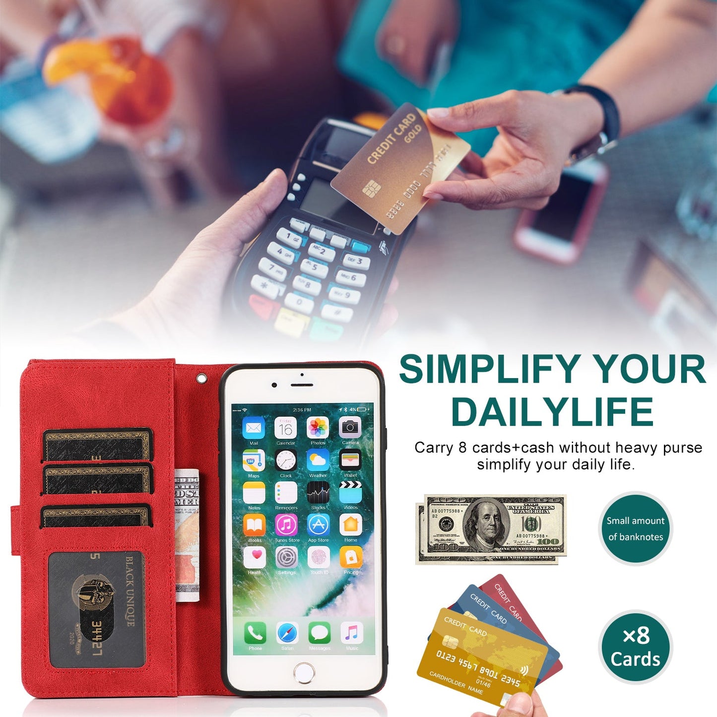 Étui en cuir de luxe avec fermeture éclair et emplacements pour cartes multiples pour iPhone 7 Plus/8 Plus
