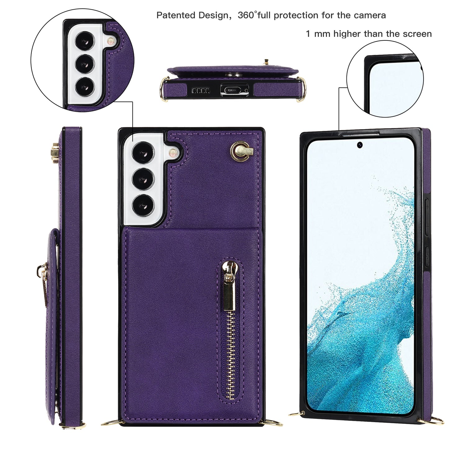 Nouvelle coque portefeuille à fermeture éclair avec bandoulière pour Samsung S21FE