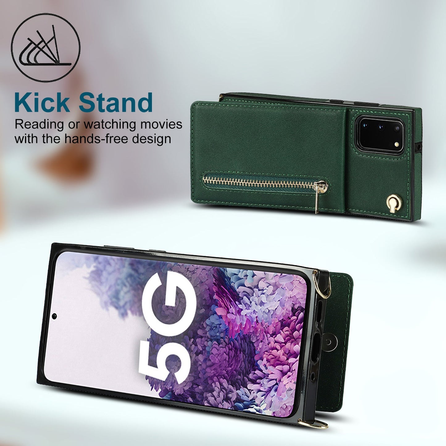 Nouvel étui de téléphone portefeuille à fermeture éclair bandoulière pour Samsung S20