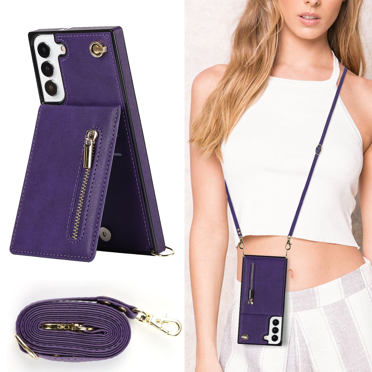 Nouvelle coque portefeuille à fermeture éclair avec bandoulière pour Samsung S21FE