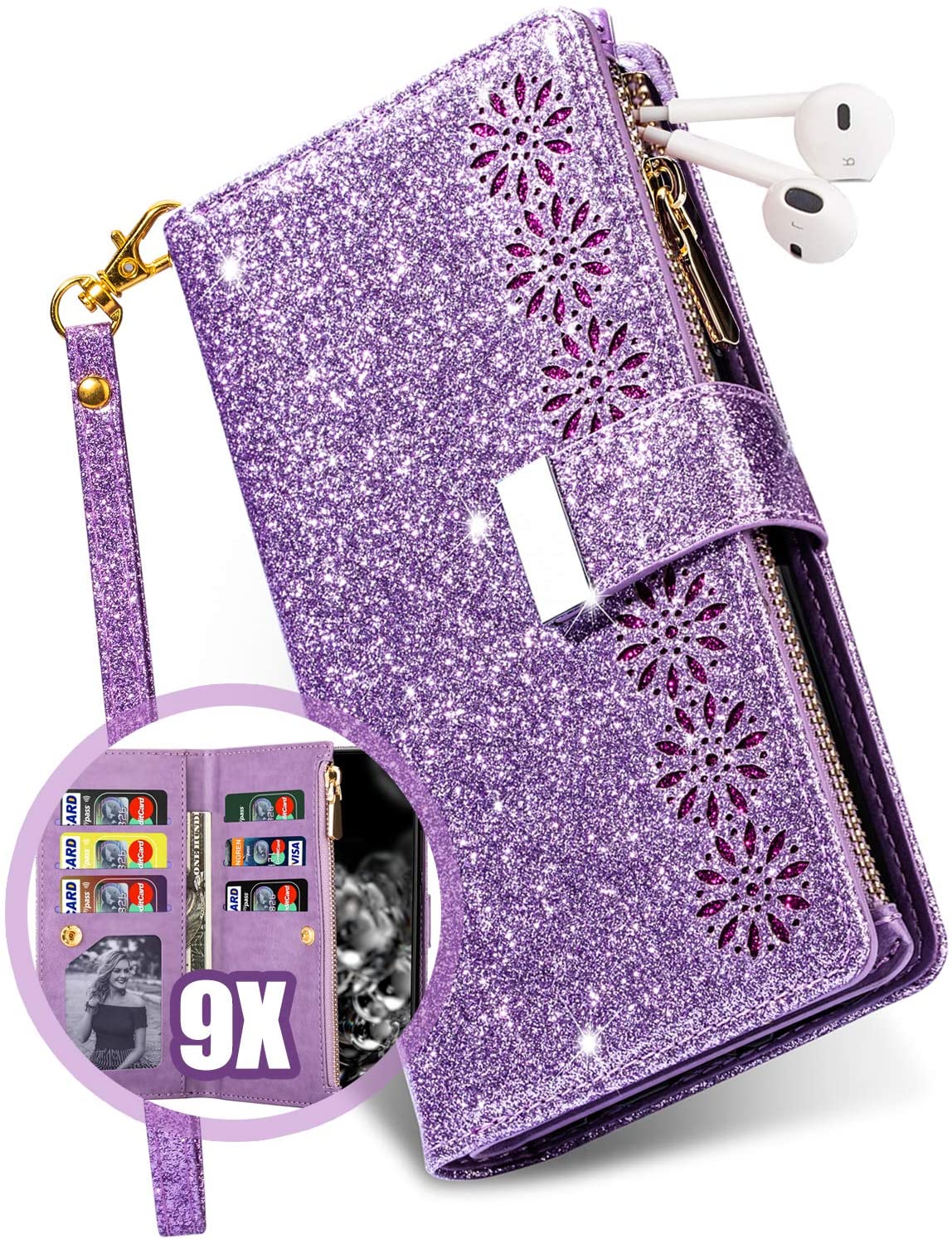 Étui à rabat en cuir scintillant et girly pour Samsung S21 Series