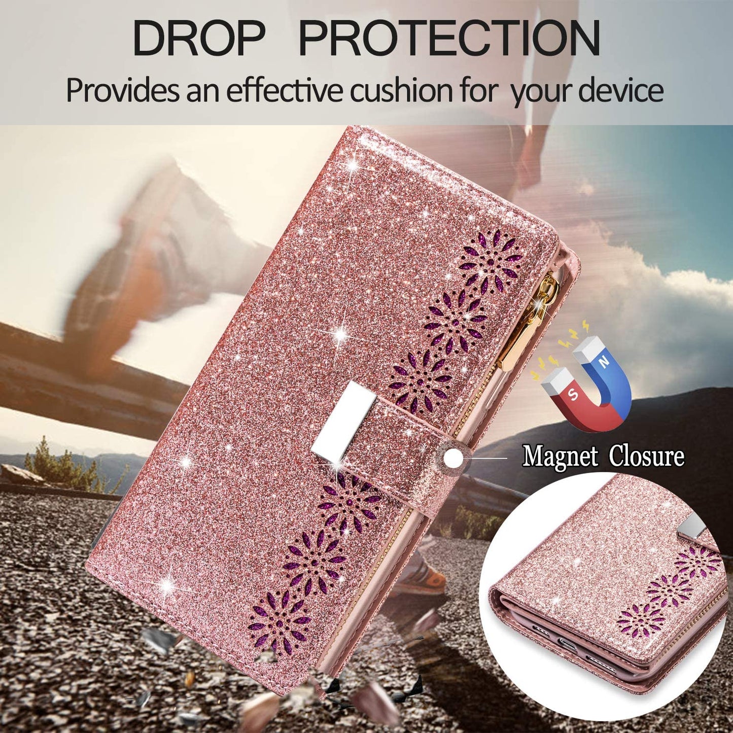 Étui à rabat en cuir scintillant et girly pour Samsung S21 Series