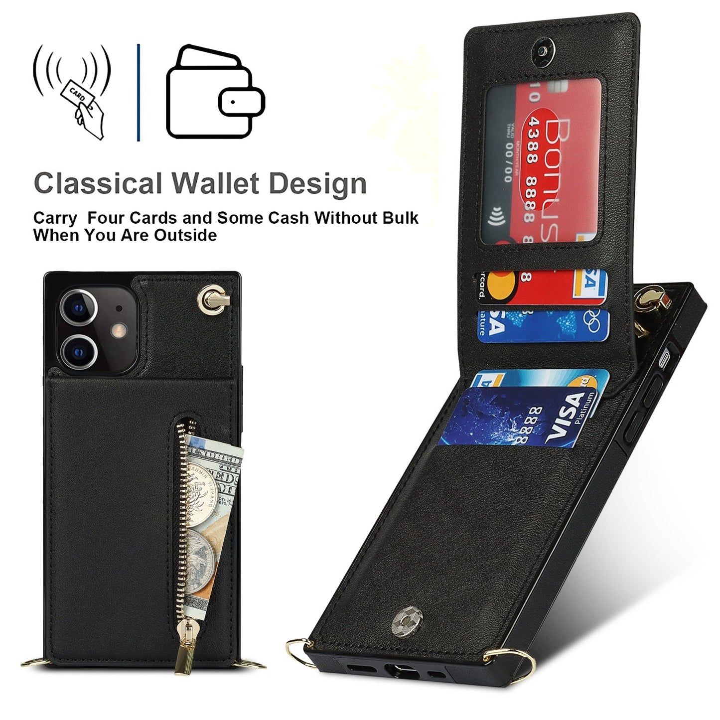 Nouvel étui de téléphone portefeuille zippé à bandoulière pour iPhone 13 Series