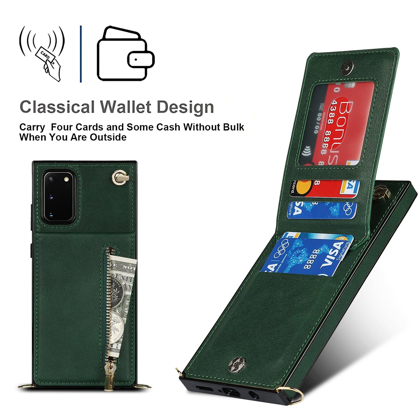 Nouvel étui de téléphone portefeuille à fermeture éclair bandoulière pour Samsung S20