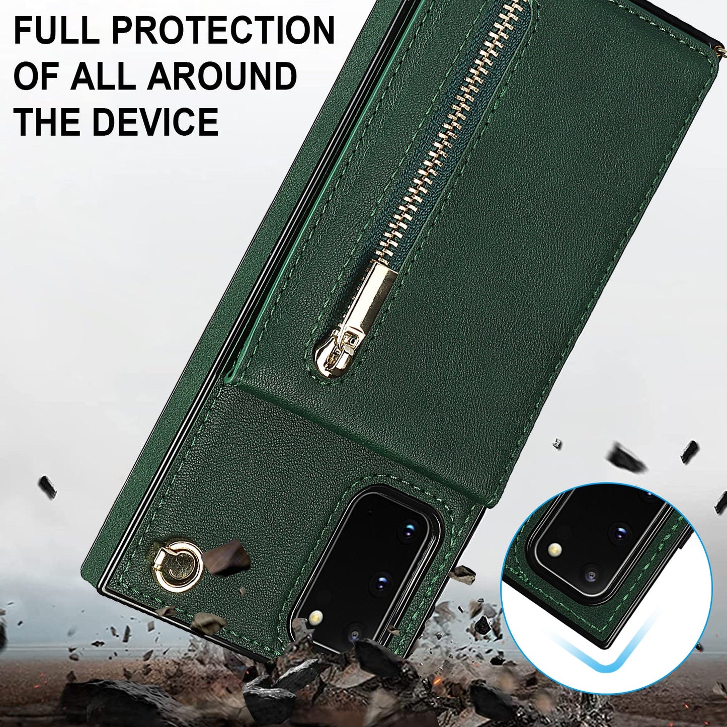 Nouvel étui de téléphone portefeuille à fermeture éclair bandoulière pour Samsung S20