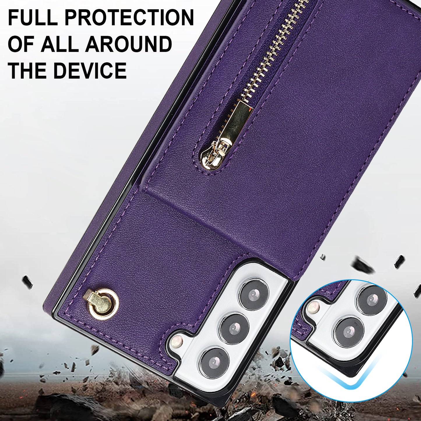 Nouvelle coque portefeuille à fermeture éclair avec bandoulière pour Samsung S21FE