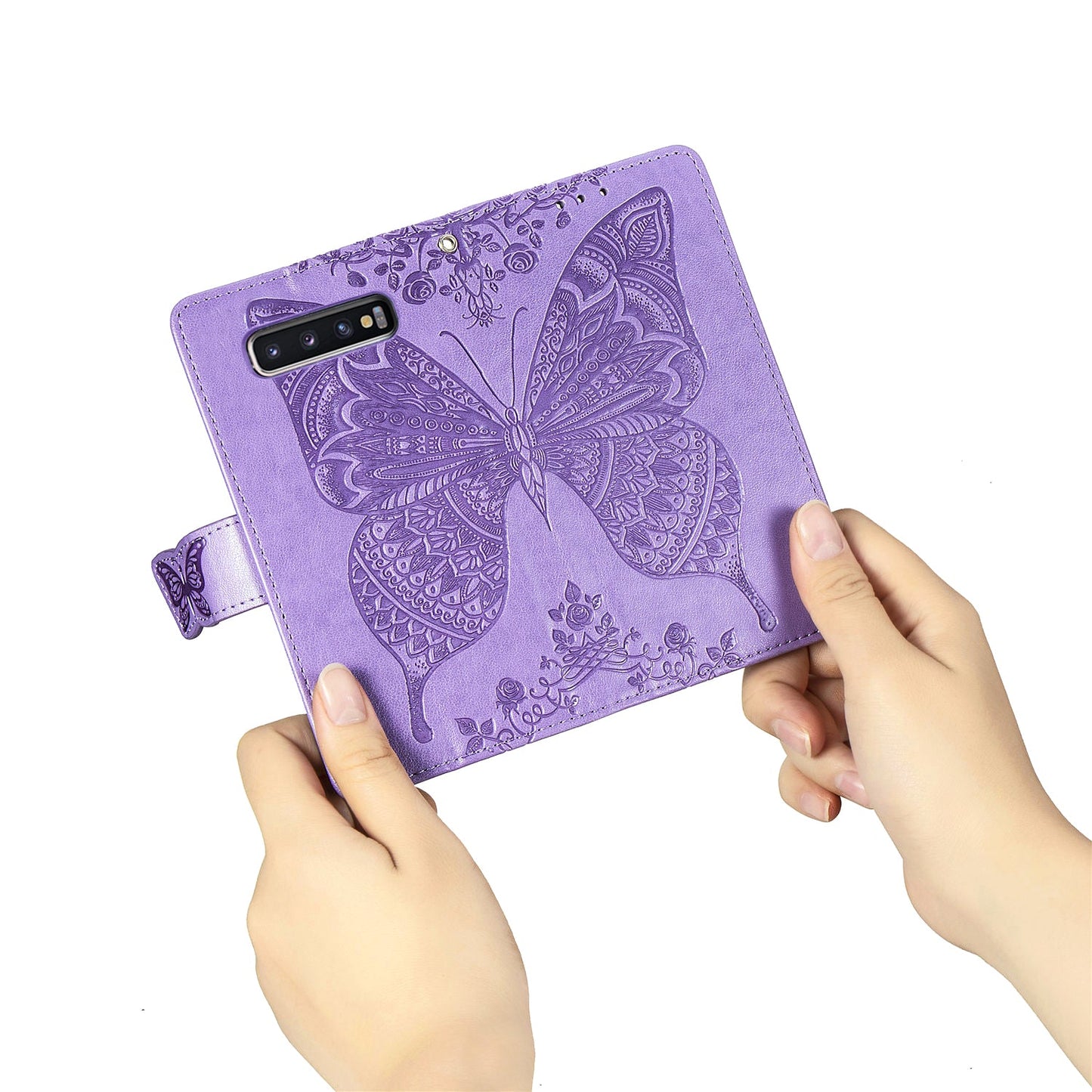 Étui portefeuille en cuir gaufré de luxe avec papillon pour Samsung Galaxy S10