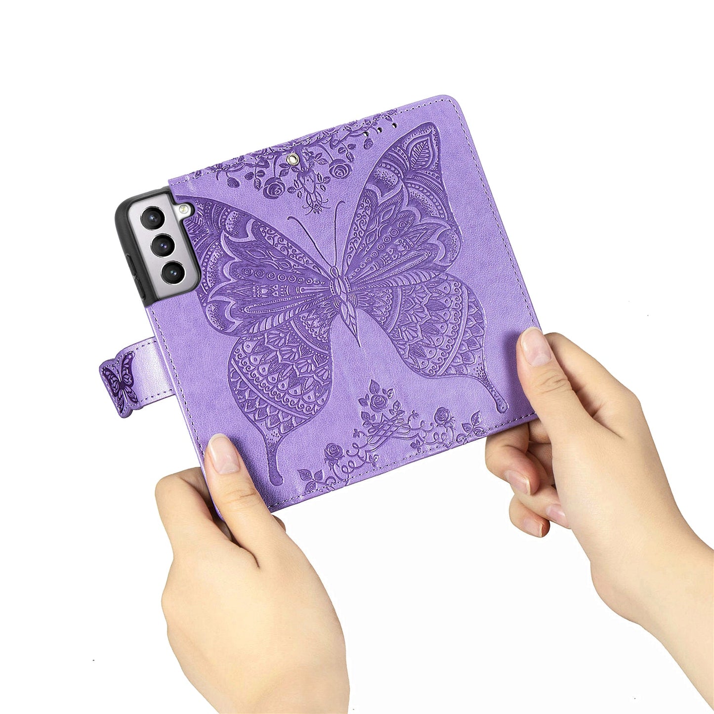 Étui portefeuille en cuir gaufré de luxe avec papillon pour la série Samsung Galaxy S21