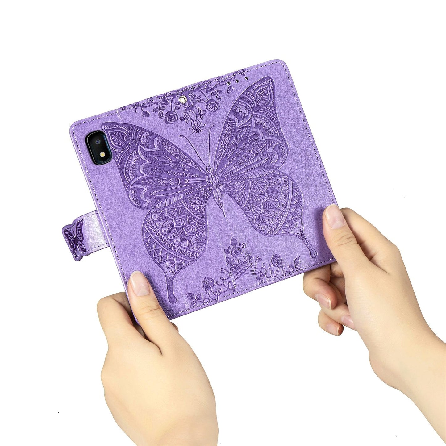 Étui portefeuille en cuir gaufré de luxe avec papillon pour Samsung A10E