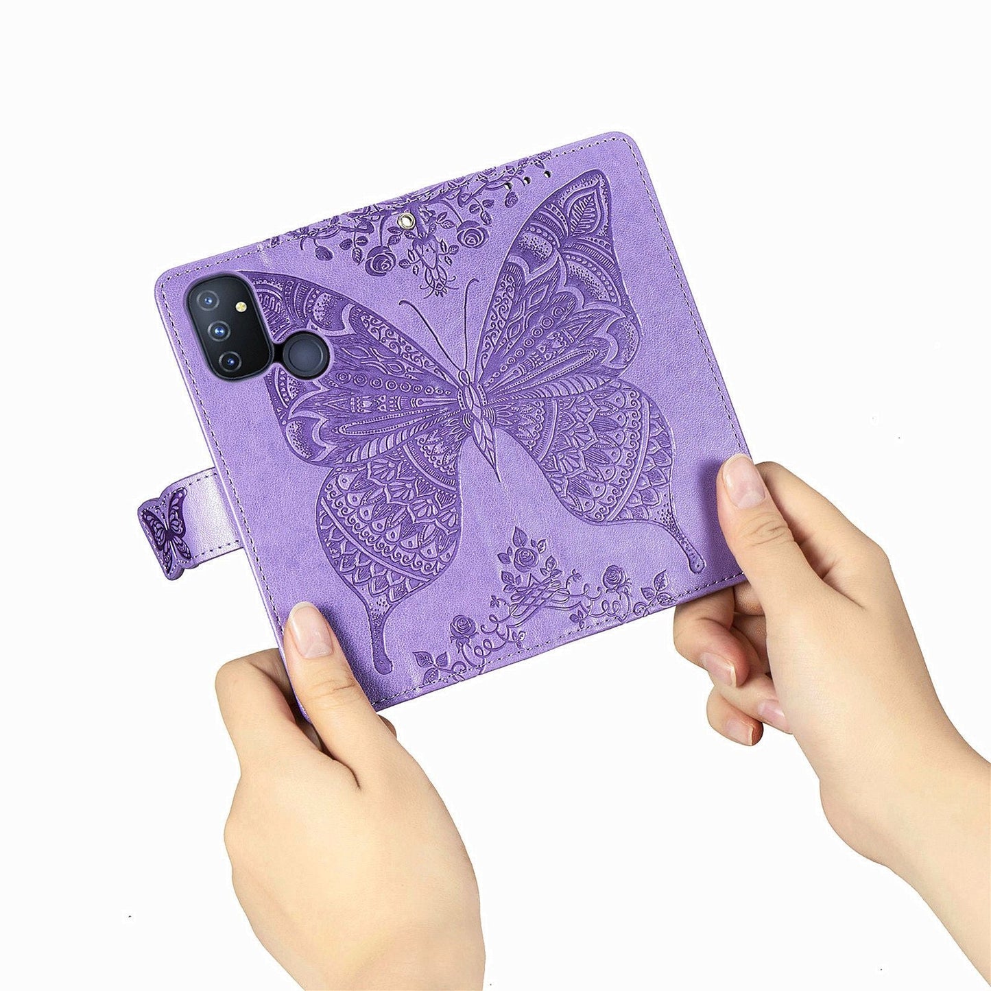 Étui portefeuille à rabat en cuir avec papillon en relief de luxe pour OnePlus Nord N100