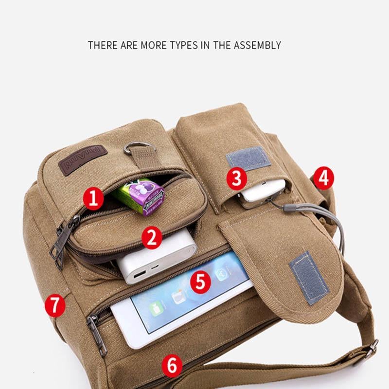 Sac bandoulière rétro universel multi-poches en toile de grande taille
