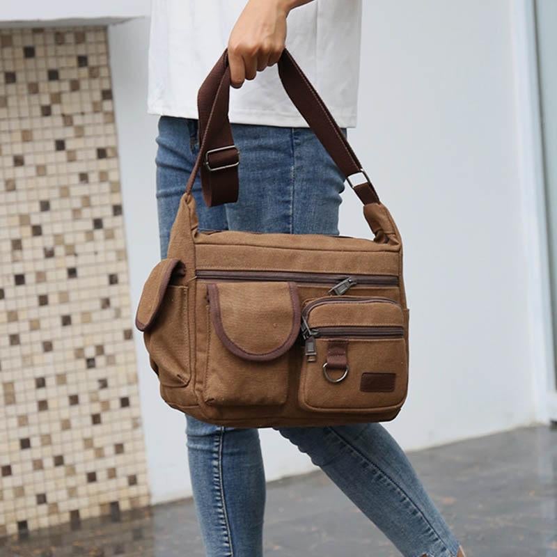 Sac bandoulière rétro universel multi-poches en toile de grande taille