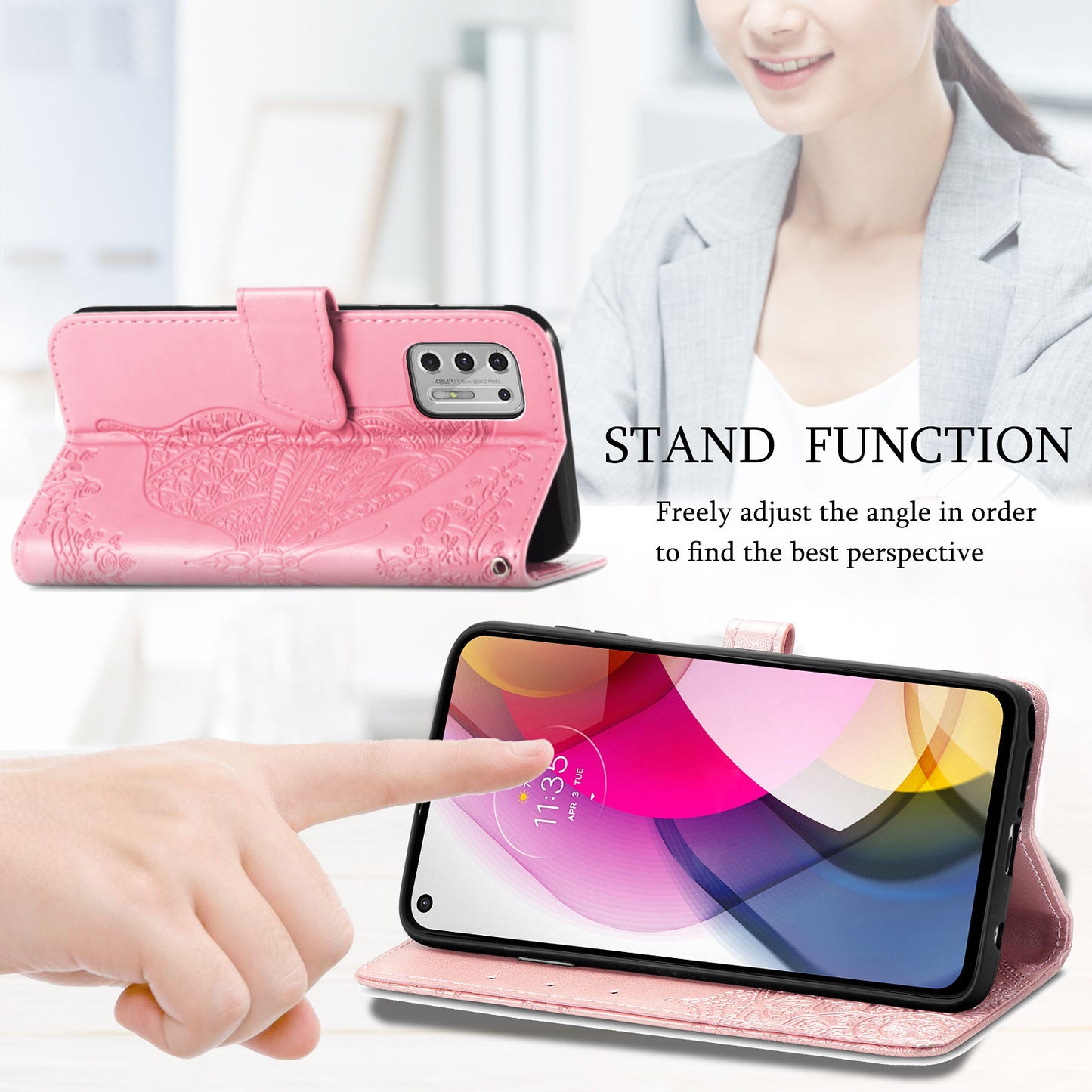 Étui portefeuille en cuir gaufré de luxe avec papillon pour MOTO G Stylus 2021