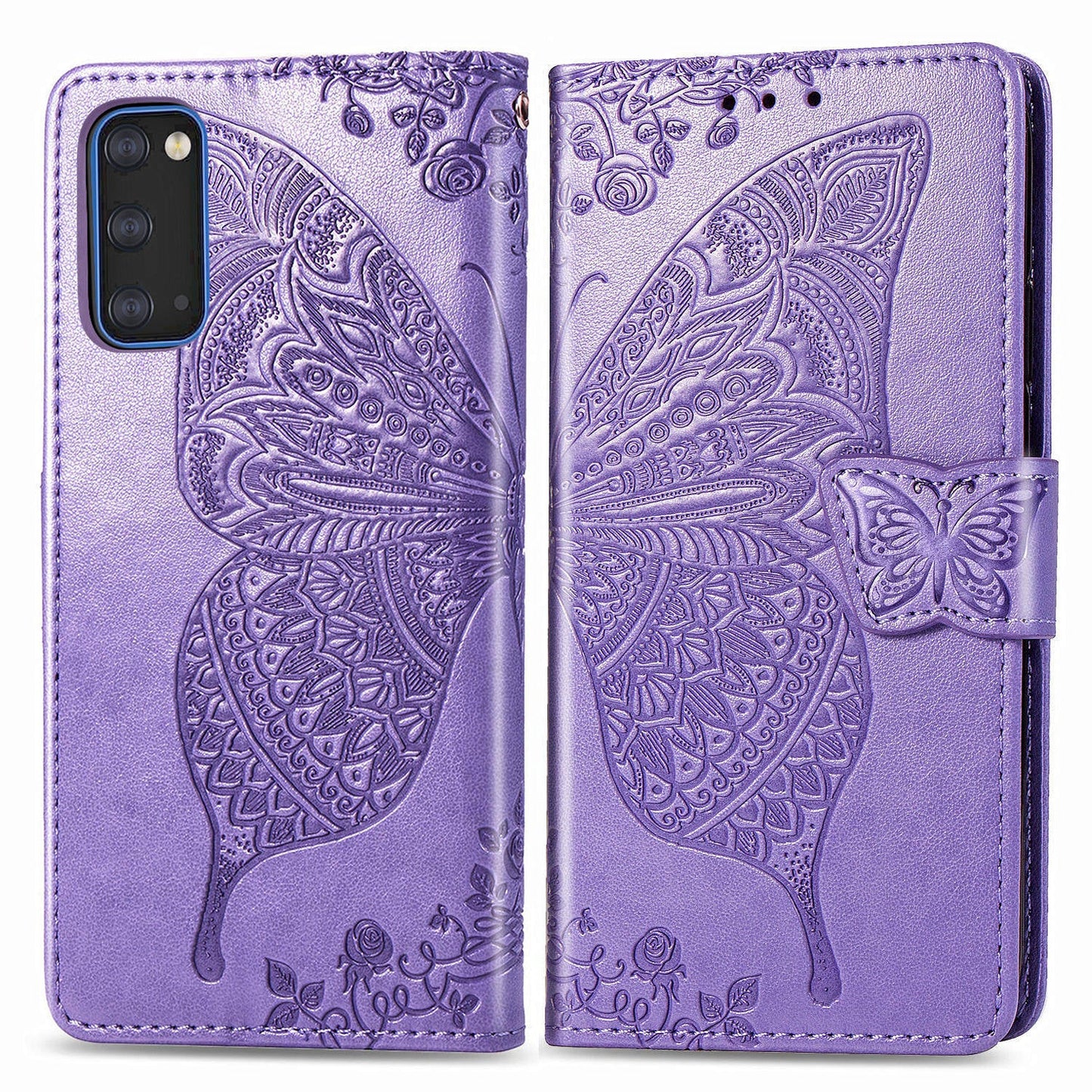 Étui portefeuille en cuir gaufré de luxe avec papillon pour Samsung Galaxy S20