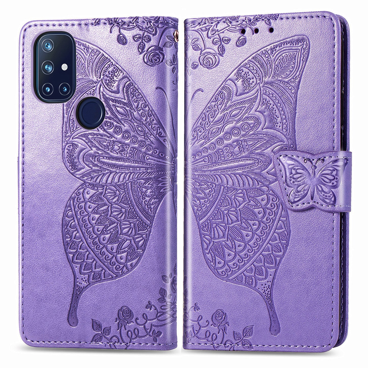 Étui portefeuille en cuir gaufré de luxe papillon pour OnePlus Nord N10 5G
