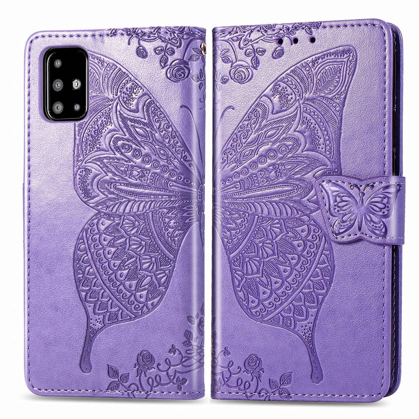 Étui portefeuille en cuir gaufré de luxe avec papillon pour Samsung A71