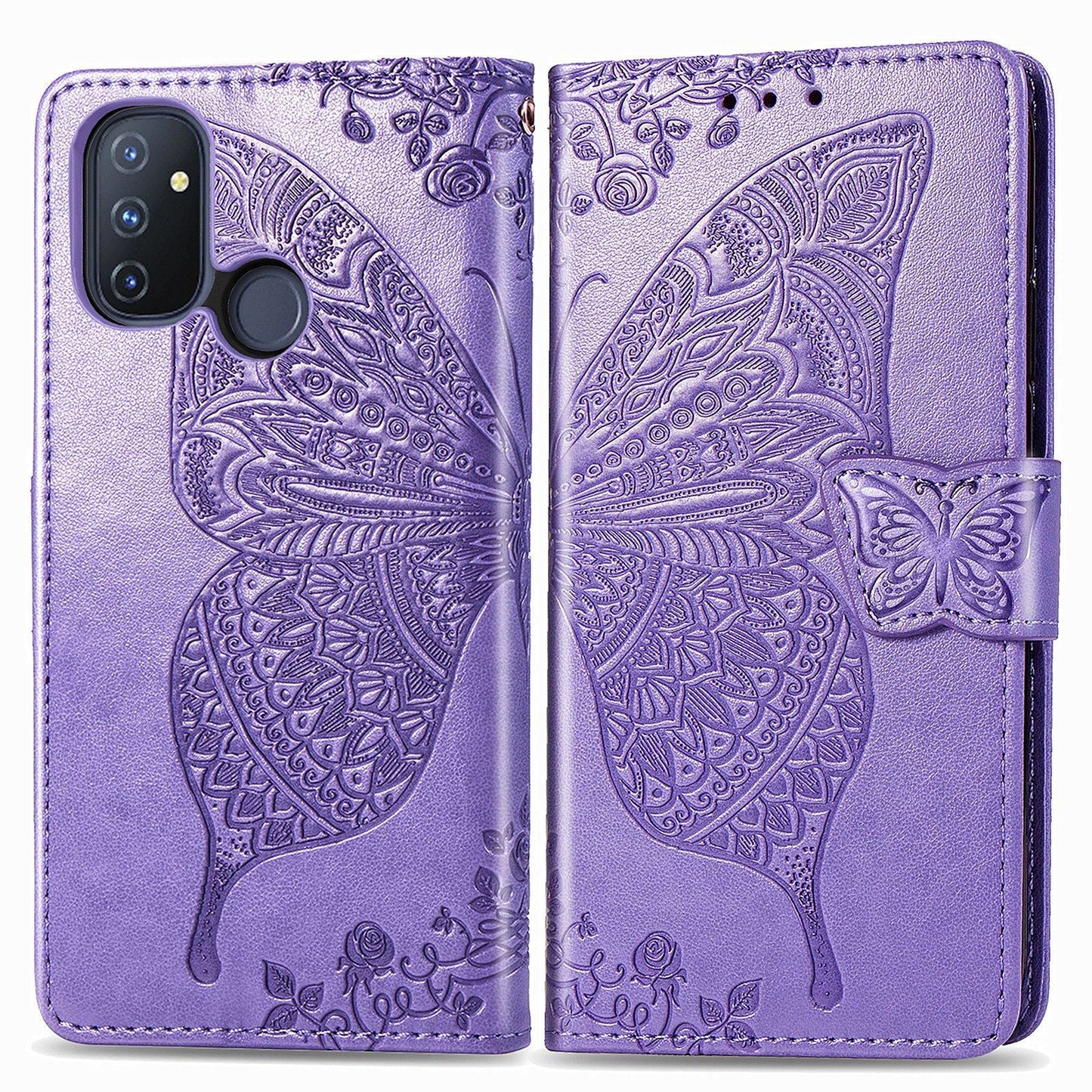 Étui portefeuille à rabat en cuir avec papillon en relief de luxe pour OnePlus Nord N100