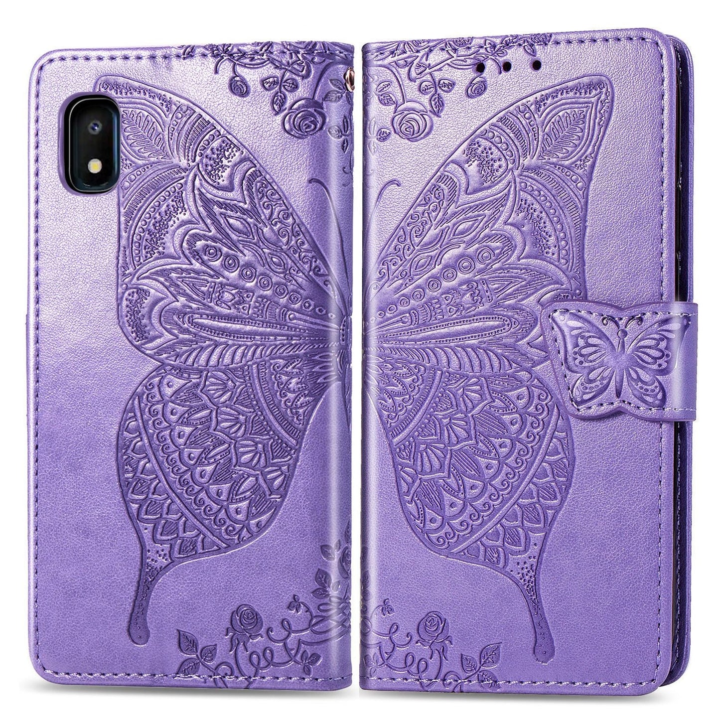 Étui portefeuille en cuir gaufré de luxe avec papillon pour Samsung A10E