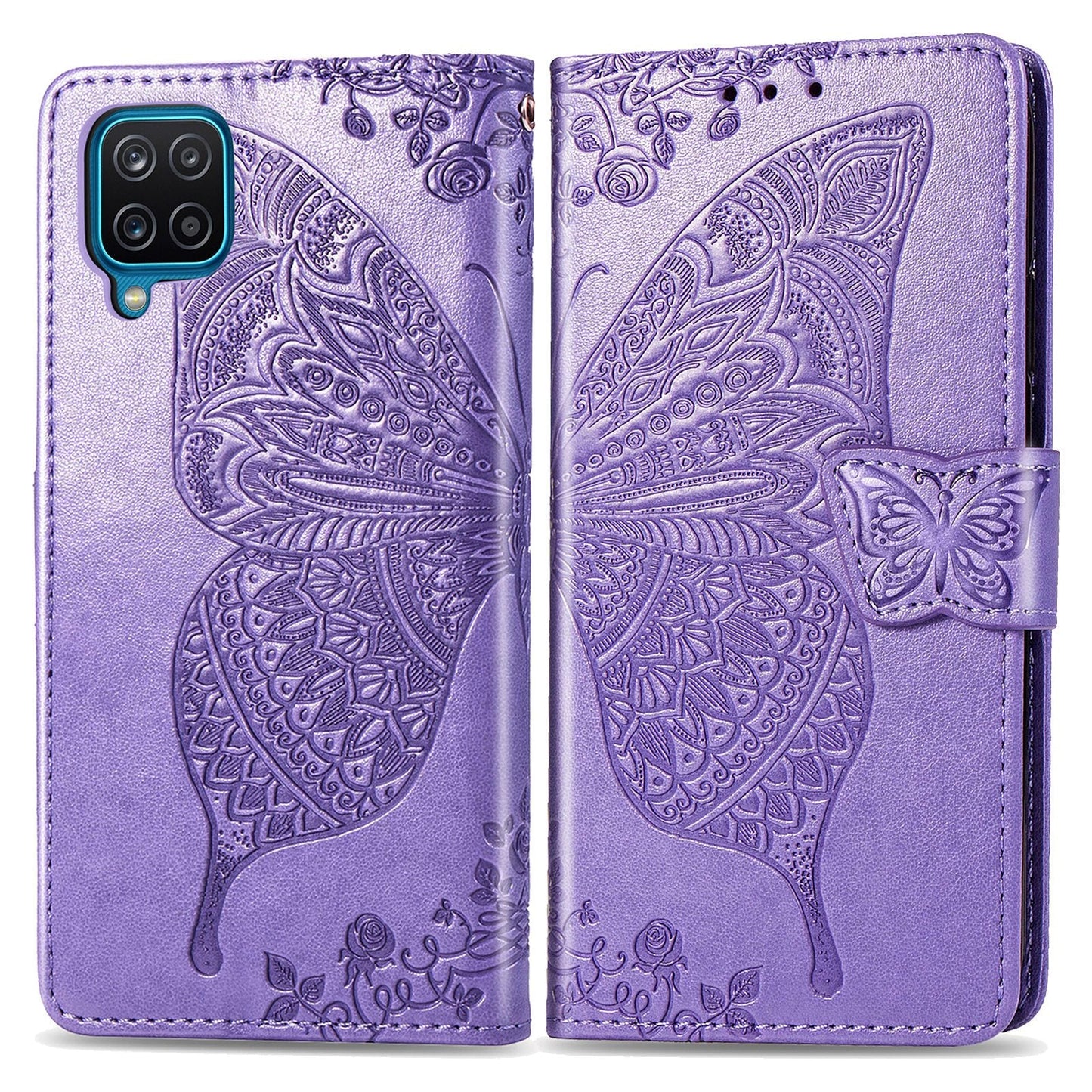 Étui Portefeuille en Cuir Gaufré Papillon de Luxe pour Samsung A12
