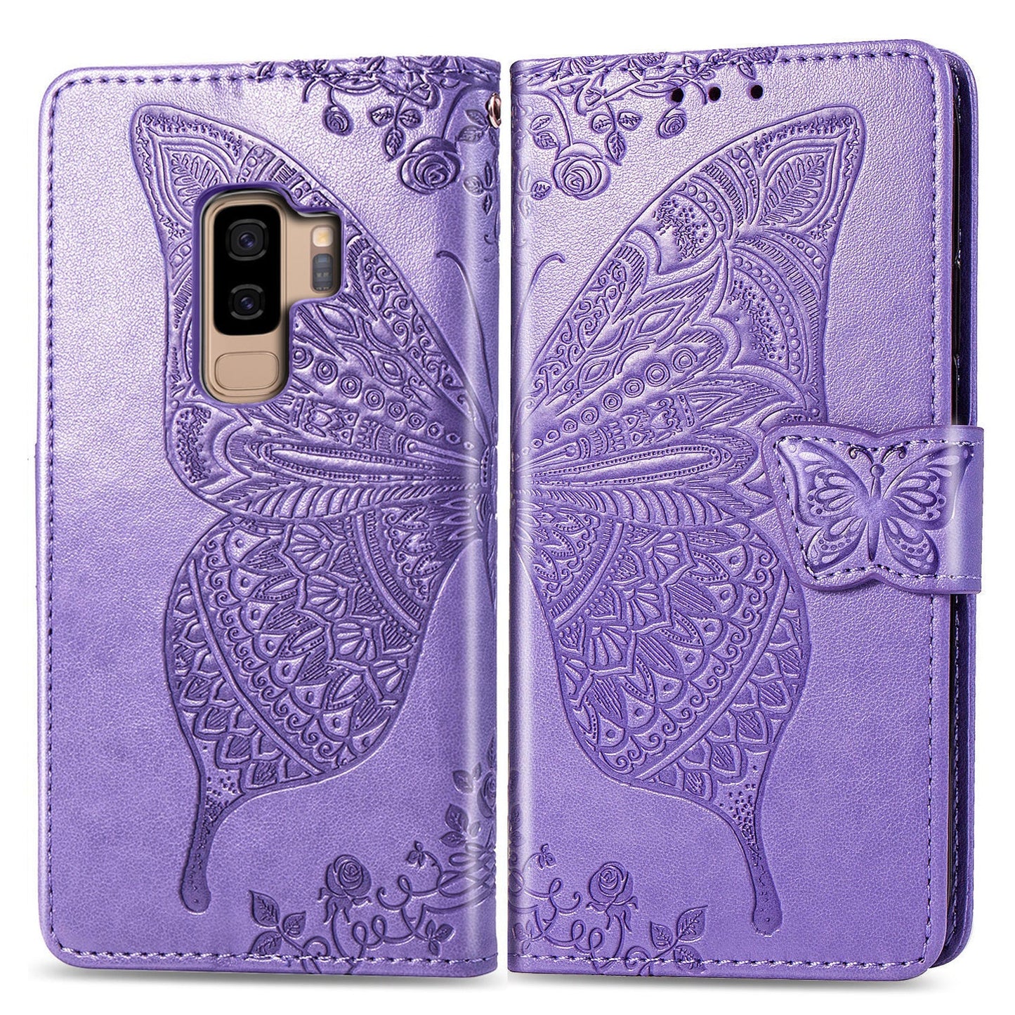 Étui Portefeuille en Cuir Gaufré Papillon de Luxe pour Samsung Galaxy S9 Plus